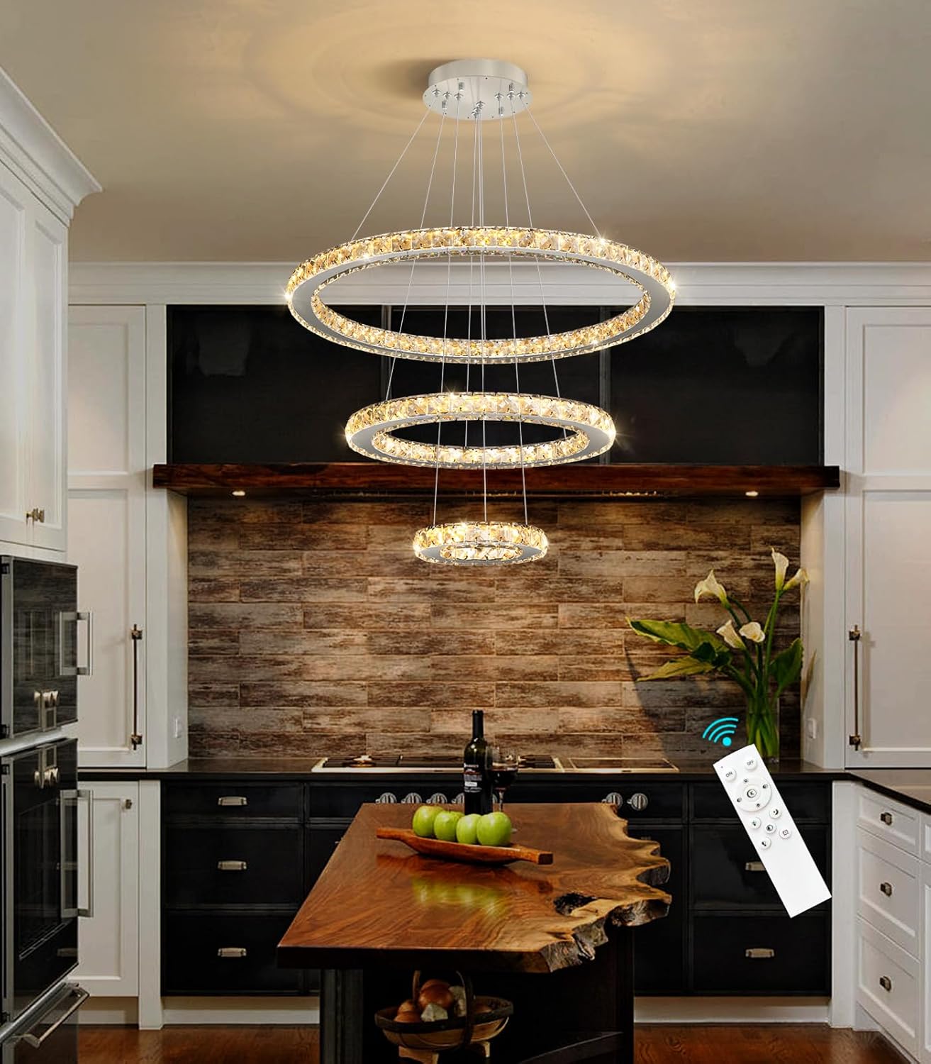 Modern Crystal Chandelier Dimmable LED Ceiling Light Fixture 3 Ring Adjustable Stainless Steel Chandeliers for Dining Room Living Room Bedroom Silver