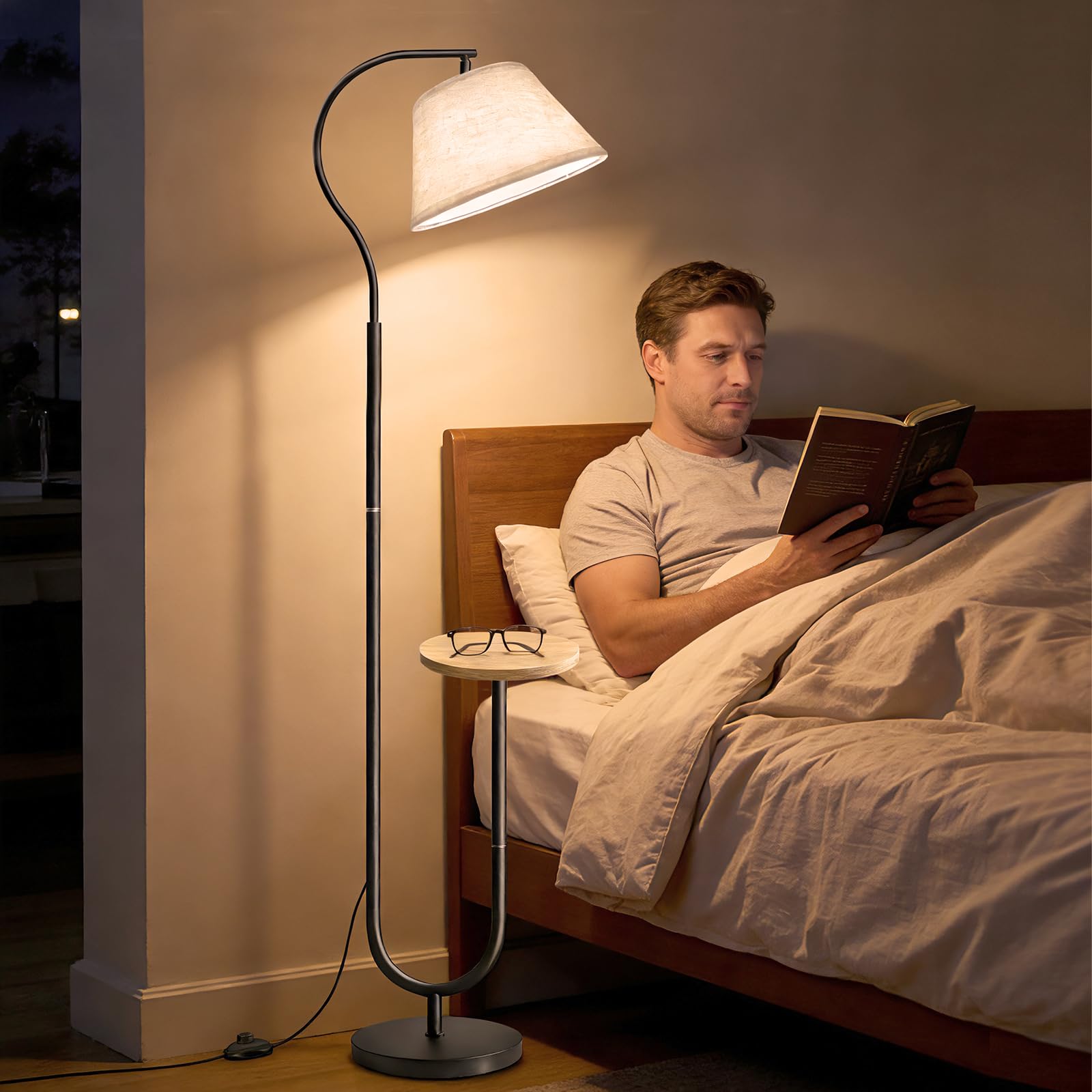 BBHome Lámpara de pie para Salón, Lámpara Moderna con Arco y Estante, Lampara pie con Mesita y Pantalla de Lino, Lampara de pie con Casquillo E27 para Salón, Dormitorio, Estudio y Oficina,Negro