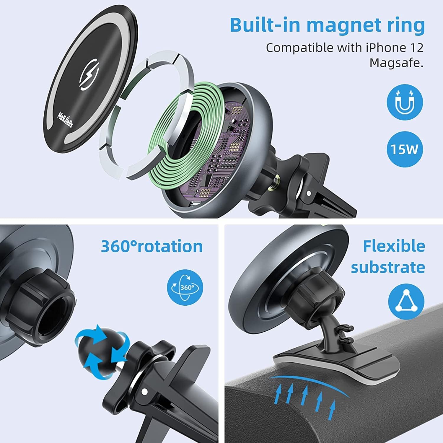 MAGJIEYX 15W Caricatore Wireless Auto, Ricarica Rapida Wireless Compatibile con iPhone 16,15,14,13,12,Pro Max,Mini, per Bocchetta Aria/Cruscotto Supporto Telefono Auto Gris