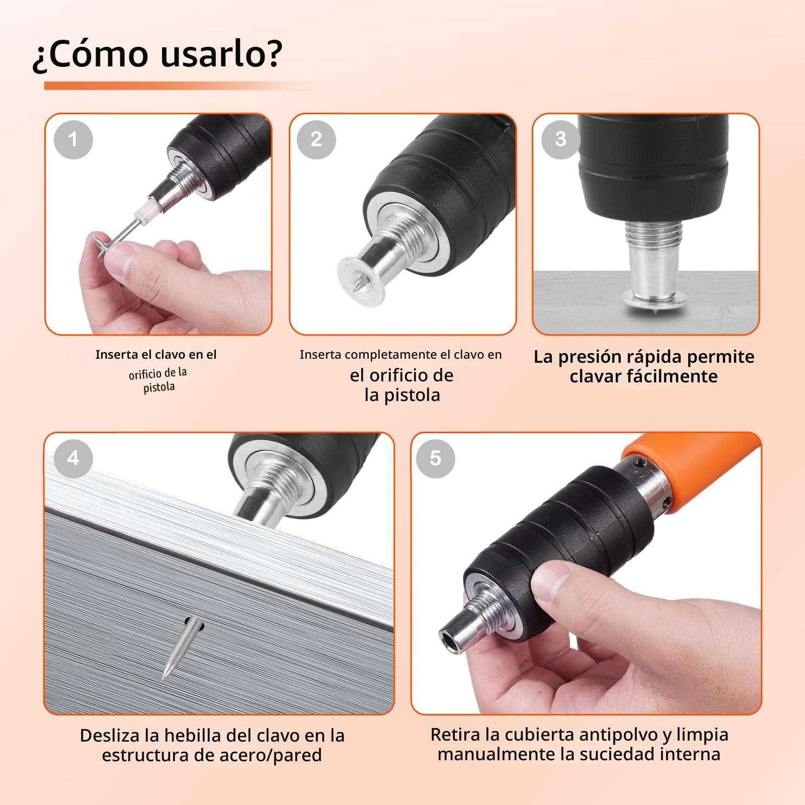 Pistola Clavos Manual con 5 Niveles Potencia Ajustable, Pistola Clavos Portátil con 120 Piezas Clavos Redondos para Techos, Tuberías, Instalación de Circuitos, Decoración Interiores