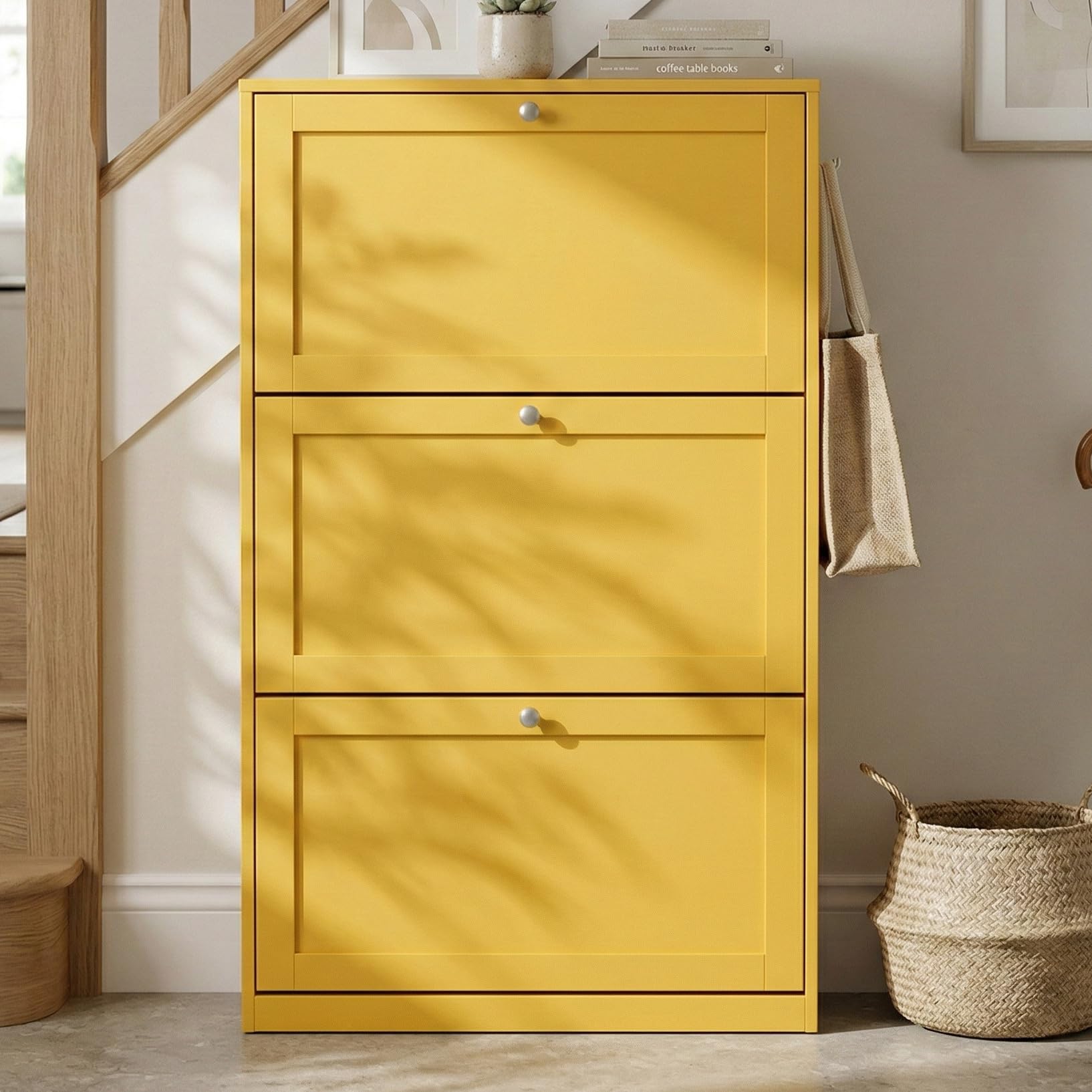 Blisswood 3 Drawer Shoe Cabinet, Narrow Shoe Storage Cabinet with Flip Drawers, Wooden Slim Space Saving Shoe Rack Cupboard with Adjustable Shelves for Entryway, Living Room, Hallway Furniture_Yellow