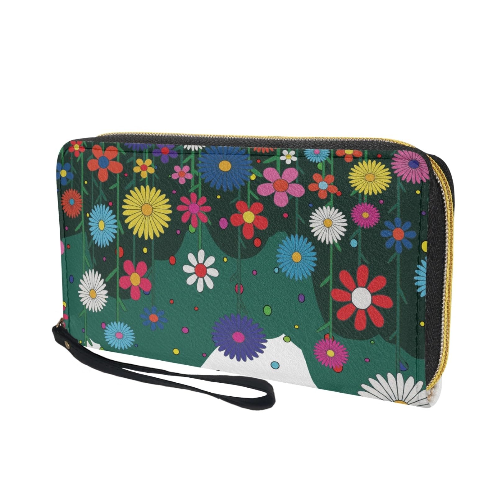 Portfel damski z portfelem na karty damskie, trwały, lekki i praktyczny portfel skórzany z kilkoma przegródkami i zapinanym na zamek etui na karty, Kolorowe wzory kwiatowe, 11x20cm/3 Pièce, Nowoczesny