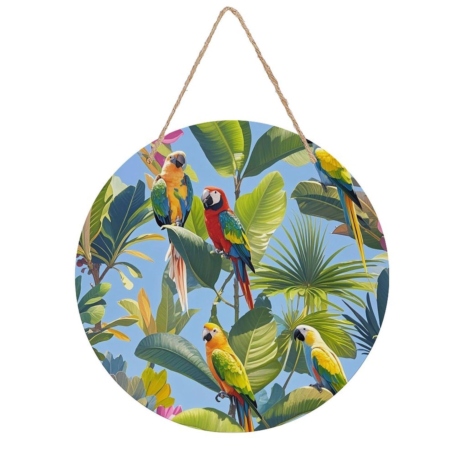FekiLoot Round Tropical Plants And Parrots Wall Art Decor Painting Wooden Hanging Sign with Ropes Bohemian Wall Hanging Retro Mid Century Modern Wall Art for Home Bedroom Living Room 7.9x7.9 in