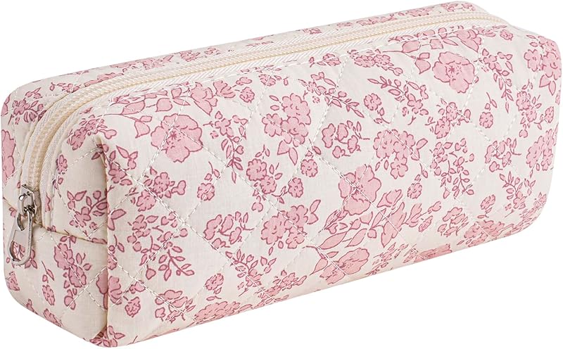 Necessaire de maquiagem HHQQWZ em poliéster matelassado, estampa Big Pink Floral, fechamento com zíper