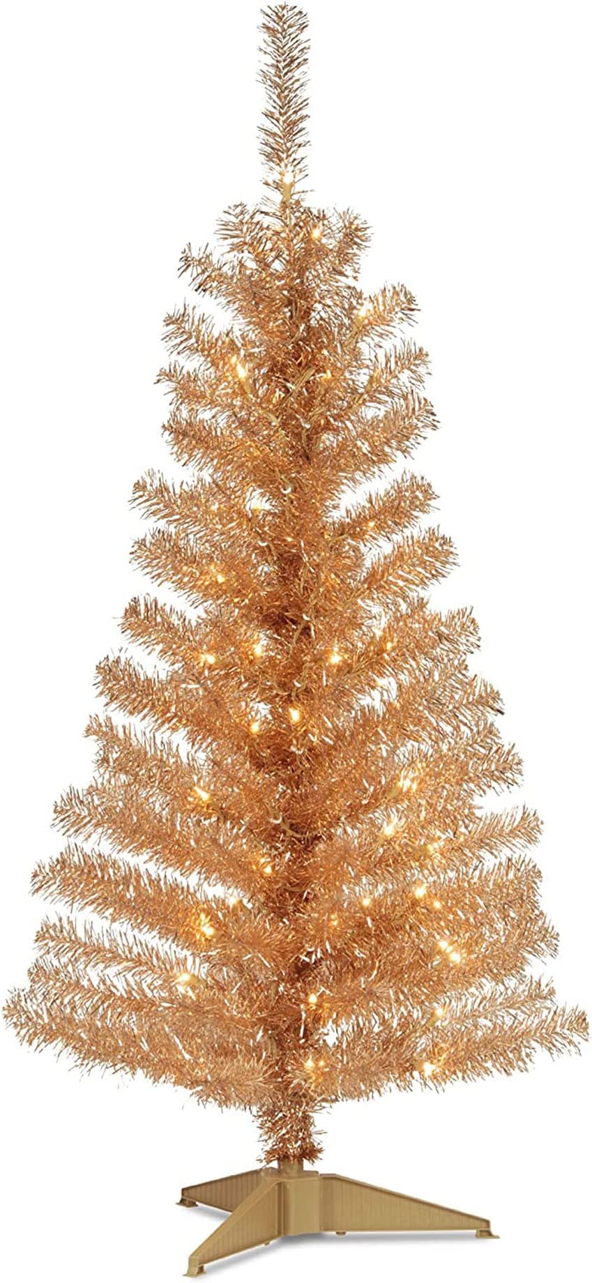 National Tree Company 4 ft Pre-Lit Champagne Gold Tinsel Mini Artificial Christmas Tree, 70 Clear Lights, 110 Tips, Includes Stand