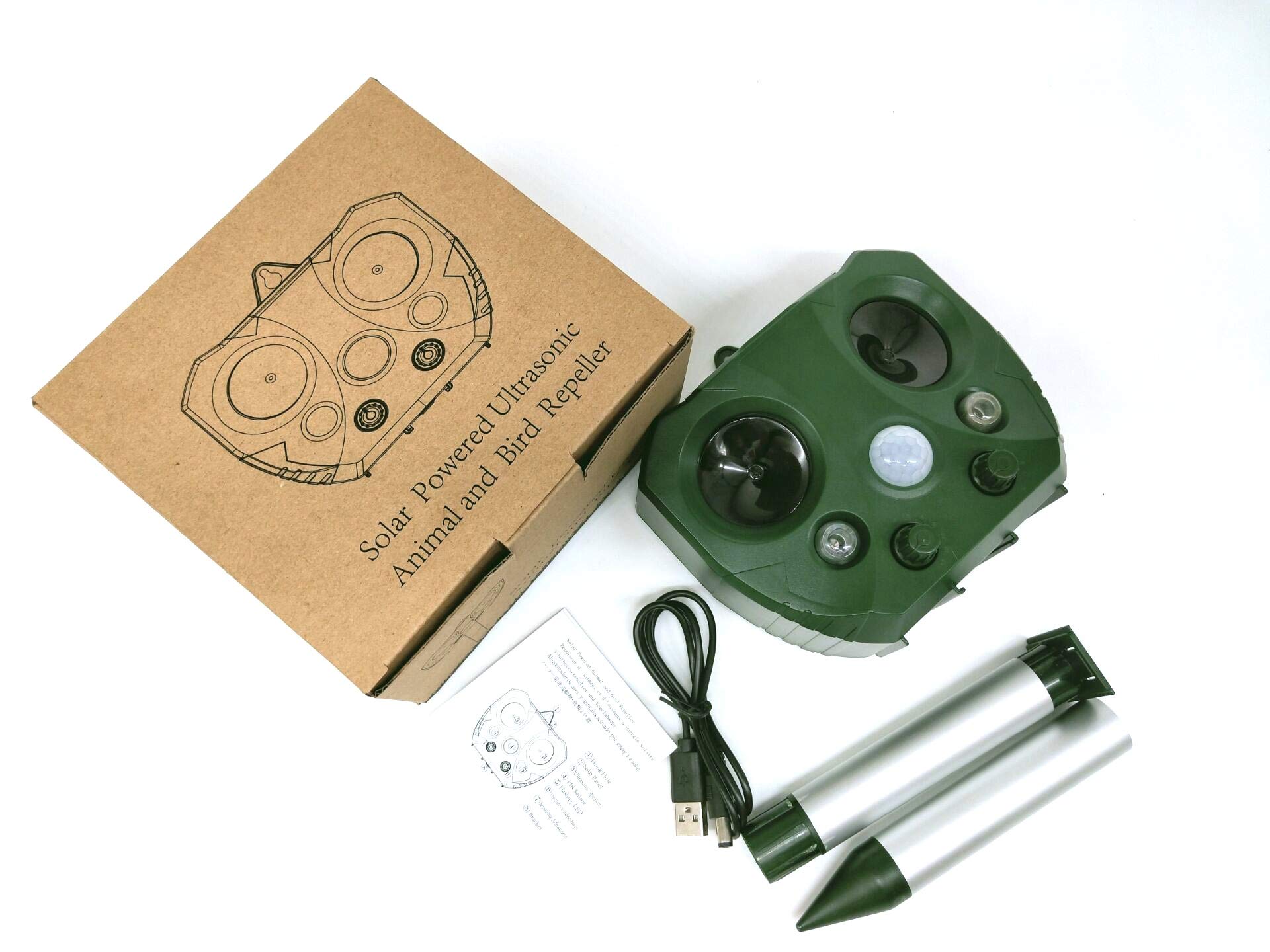 Repellente ad ultrasuoni per animali con pannello solare e batteria ricaricabile, sensore a infrarossi, flash LED, 2 pezzi