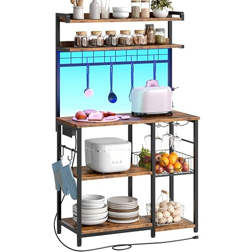 HOOBRO Bakers Rack with Power Outlet, Microwave Stand with 6 S-Shaped Hooks, 5 Tiers Coffee Bar with LED Light, Kitchen Storage Shelf with Wire Basket & Wine Holders, Rustic Brown and Black BF21UDHB01