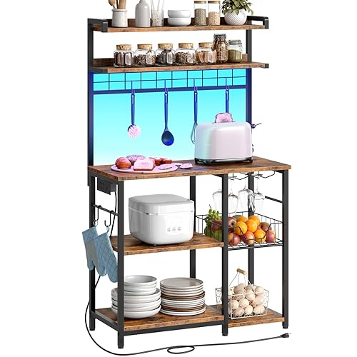HOOBRO Bakers Rack with Power Outlet, Microwave Stand with 6
