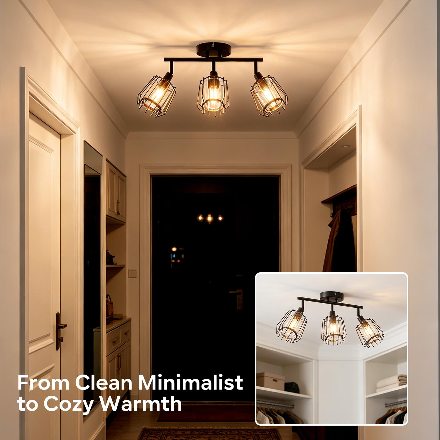 LVWIT Lampara Techo Con 3 Focos,Focos LED Interior Techo Giratorios E14, Lámparas de Techo Negro con Pantalla de Acrílico,Foco de Interior Iluminación para Dormitorio,Pasillo, Recibidor(Sin Bombilla)