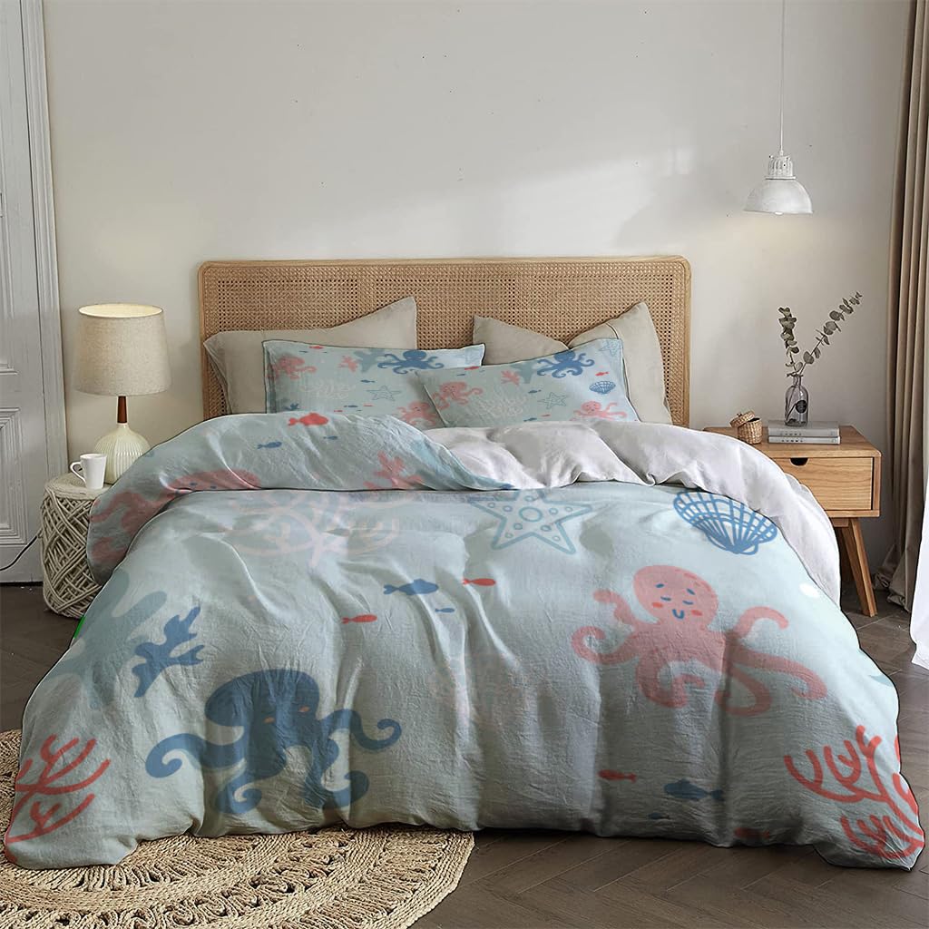 NIBAINLO 布団カバーかわいい海の動物とサンゴ礁 肌に優しい ピーチスキン加工 掛け布団カバー 和式 洋式 あったか 布団カバーセット リバーシブル ホームステイ ホテル 家庭兼用