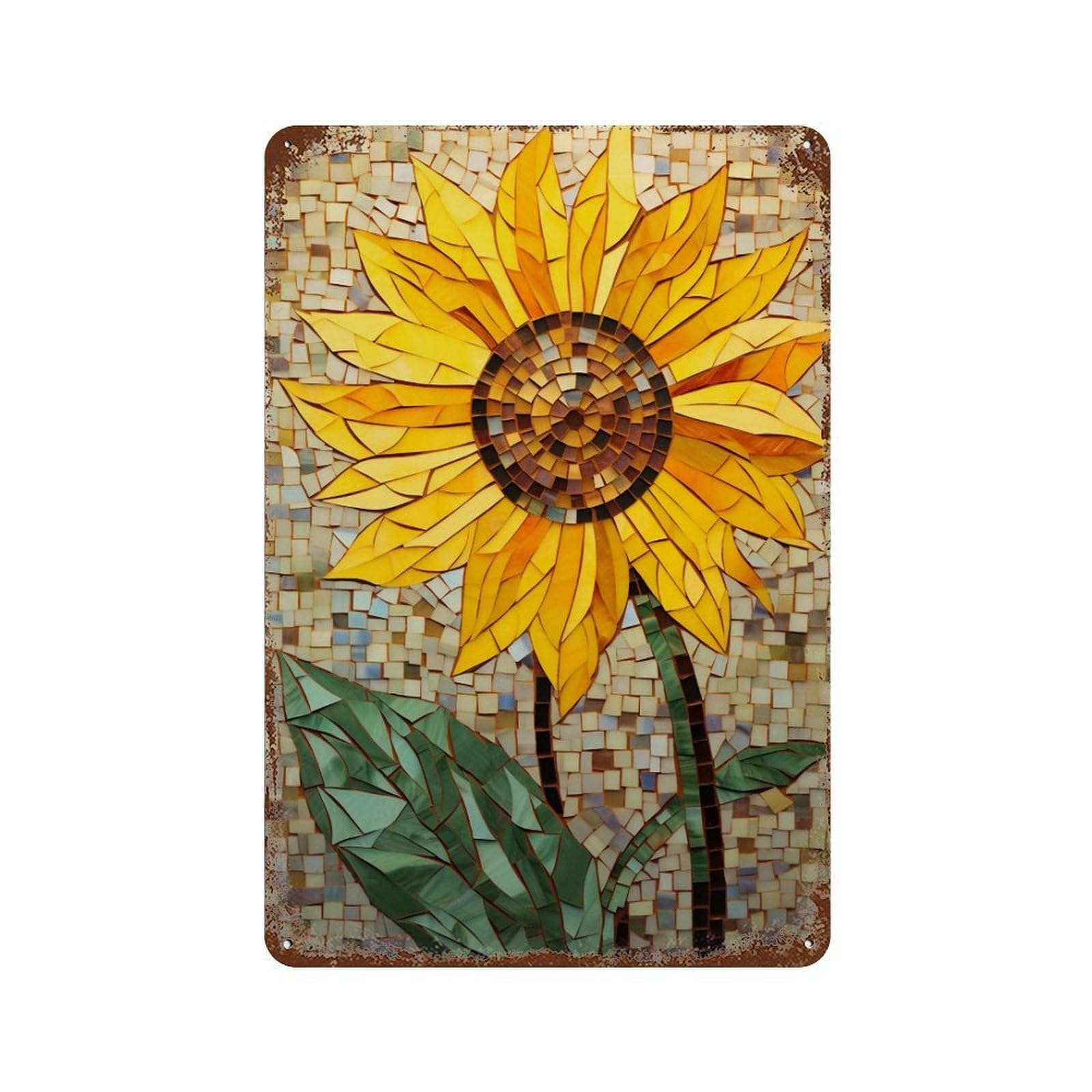 Stained Glass Sunflower Artwork 11.8"x7.9" Decorative Tin Sign, Retro Wall Decor for Bistro, Counter And Cafe Decor