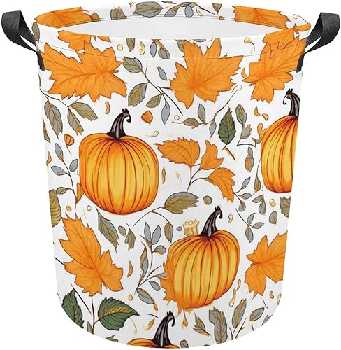 Autumn Pumpkin Storage Basket Fall Maple Leaves Waterproof Coating Organizer Bin Laundry Hamper for Clothes,Toys,Bedroom,Bathroom