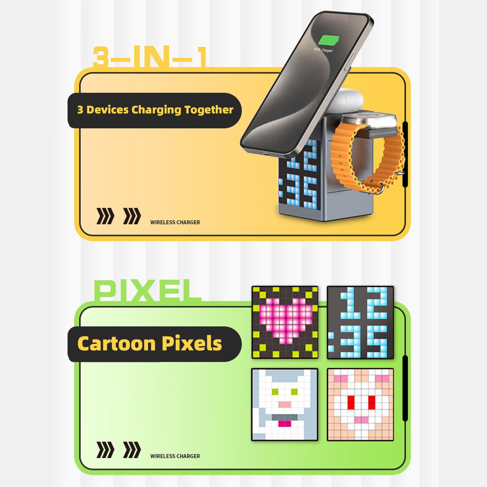 Station de Chargement sans Fil 6 en 1 pour avec Haut-Parleur Bluetooth, Affichage Pixel, Réveil, Chargeur sans Fil pour écouteurs de Montre de Téléphone, Station de Chargement