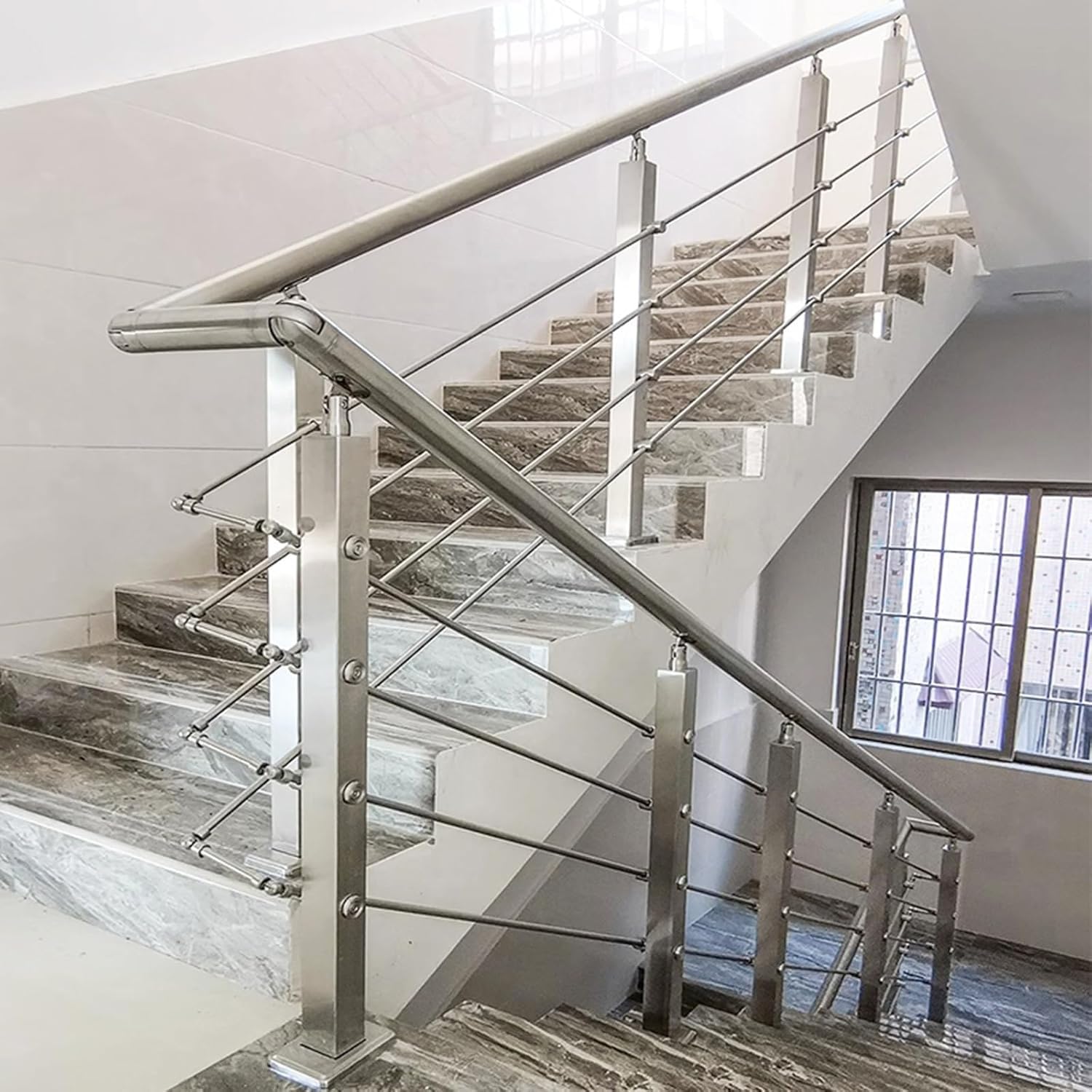 Jiajujia H 110Cm Balustrades Stainless Steel Handrail Metal Stair Spindles Kits With Cable Rails, Square Railing Post, Round Handrails, Connector & Screws Fittings(,L 200Cm)