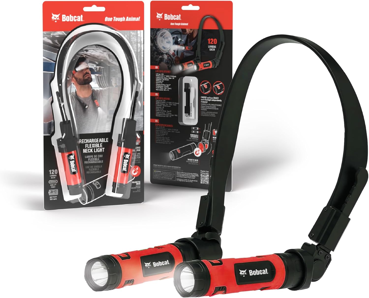 CJ TECH Bobcat Rechargeable Neck Light worn around a person's neck, illuminating a workspace under a car.