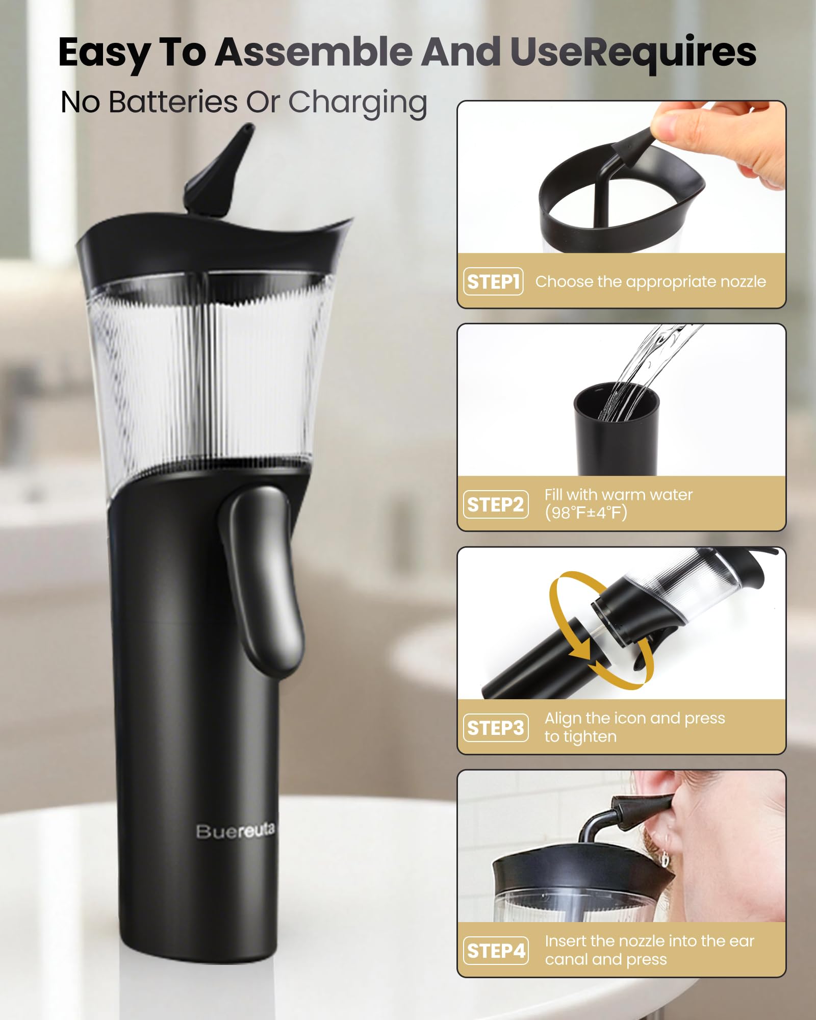 Nettoyeur Oreille Eau - Kit Nettoyage Oreille, Nettoyant pour Oreilles Adulte, Réservoir d'Eaux Usées Intégré, Silicone Souple, Opération à Une Main, Adapté à Un Usage Domestique