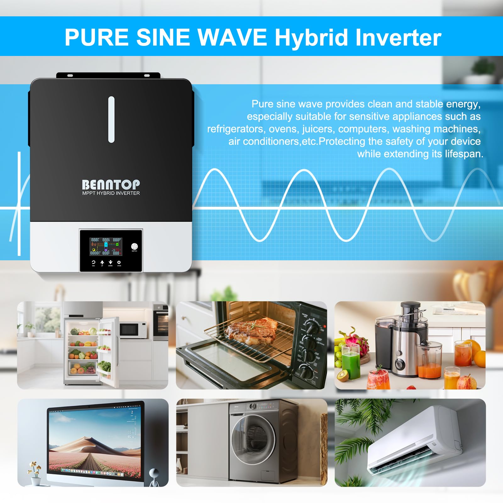 Inverter solare ibrido 6200w 48VDC to 230VAC Pure Sine Off-Grid Wave Inverter with 120A MPPT Solar Controller, Max PV Input Voltage 500V for piombo Acid and Lithium Batterie