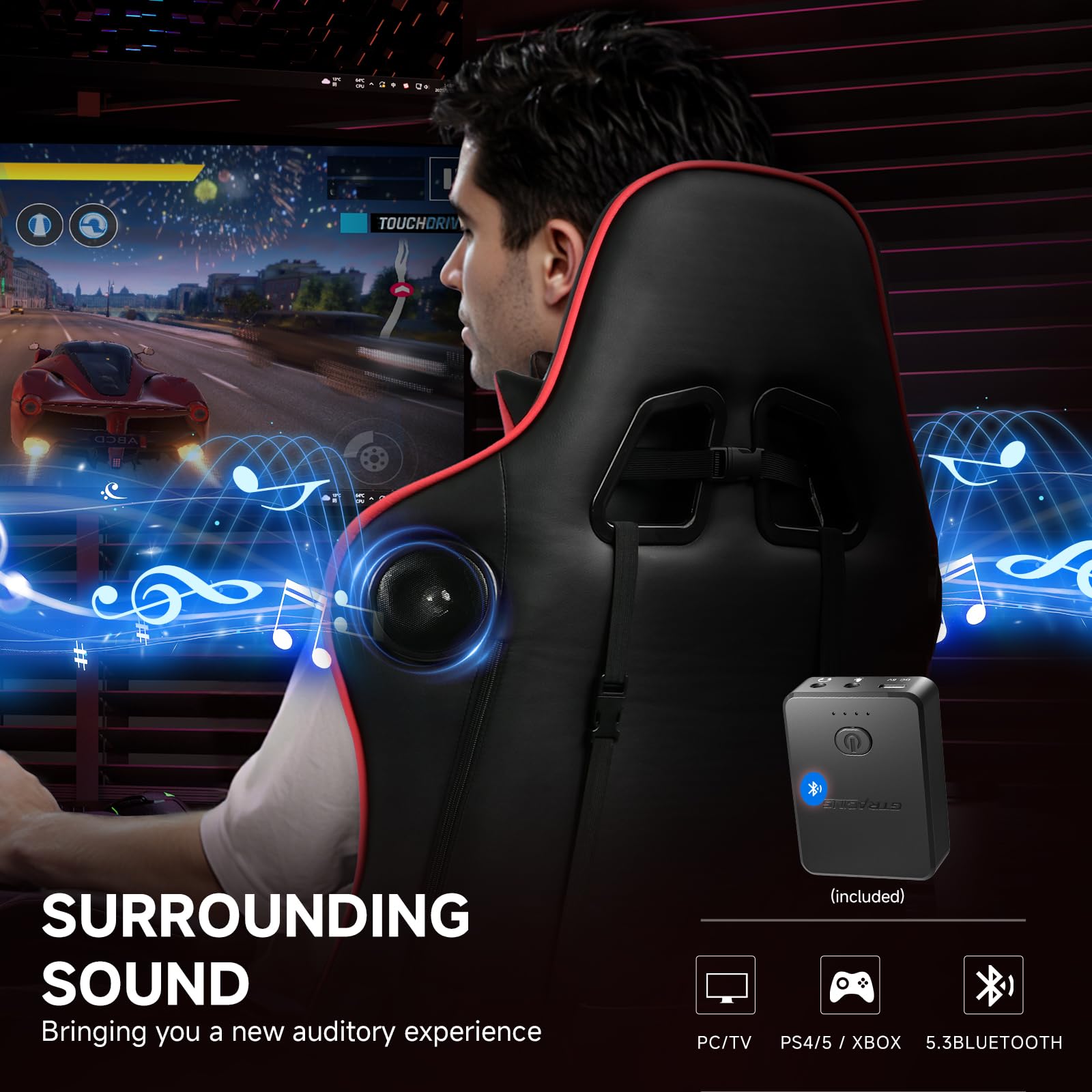 GTPLAYER Sedia da gioco con altoparlanti Bluetooth, schienale e altezza regolabili, braccioli 3D, poggiapiedi, sedia ergonomica per computer per giocatori (rosso mattone)