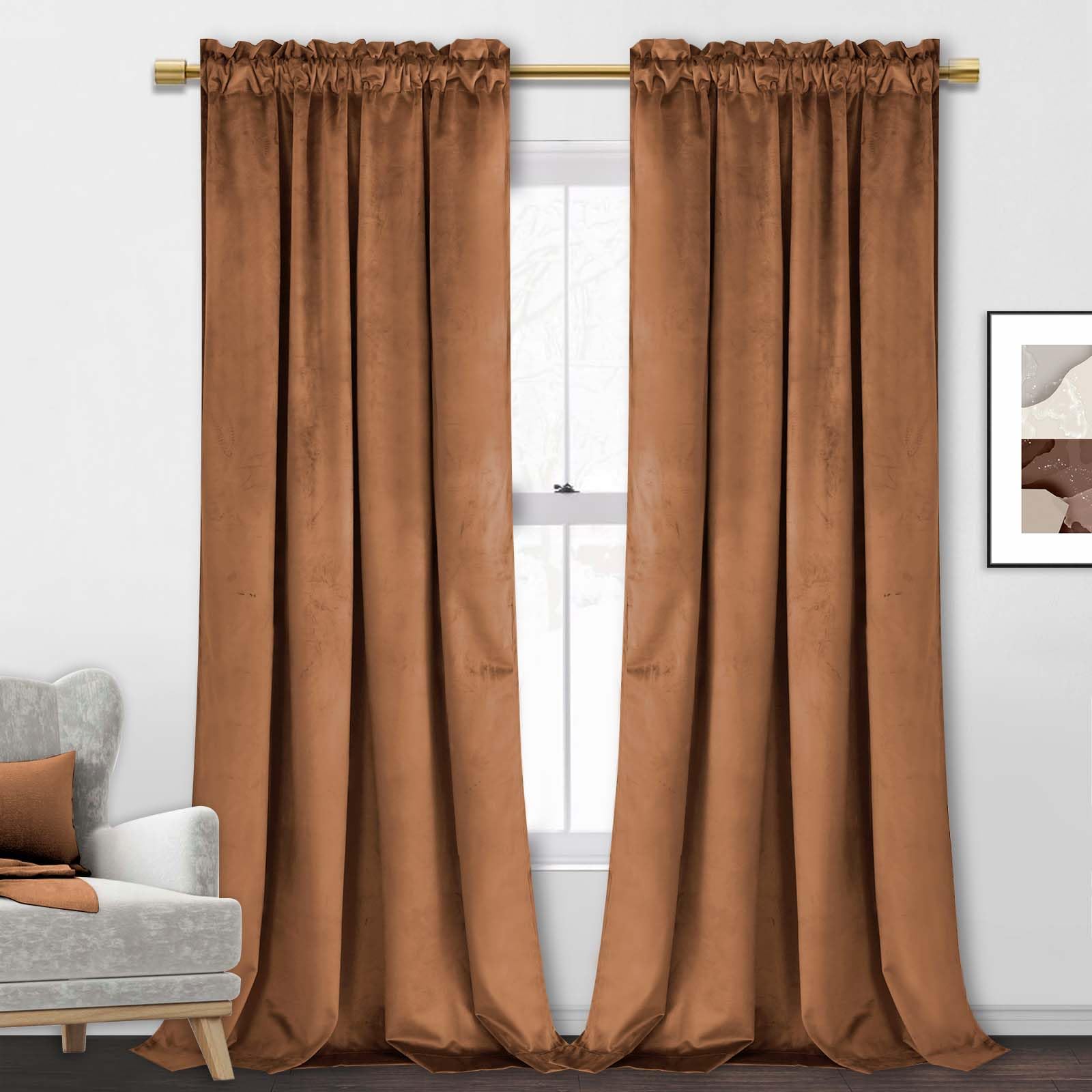 JIUZHEN Velvet Blackout Curtains 84 inches Super Soft Thick Room Darkening Window Drapes for Living Room Bedroom, Set of 2 with Tiebacks, W52 x L84, Gold Brown