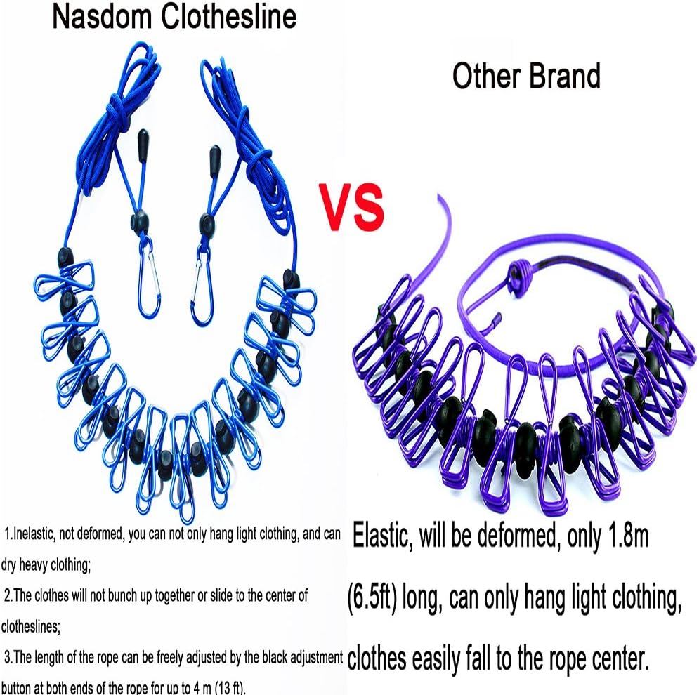 Travel Clothesline,4m/13ft Portable Retractable Adjustable Clothes Line Rope with 1 Waterproof Bag, 12 Clothespins, 13 Anti-Skid Clips for Outdoor and Indoor(Blue)