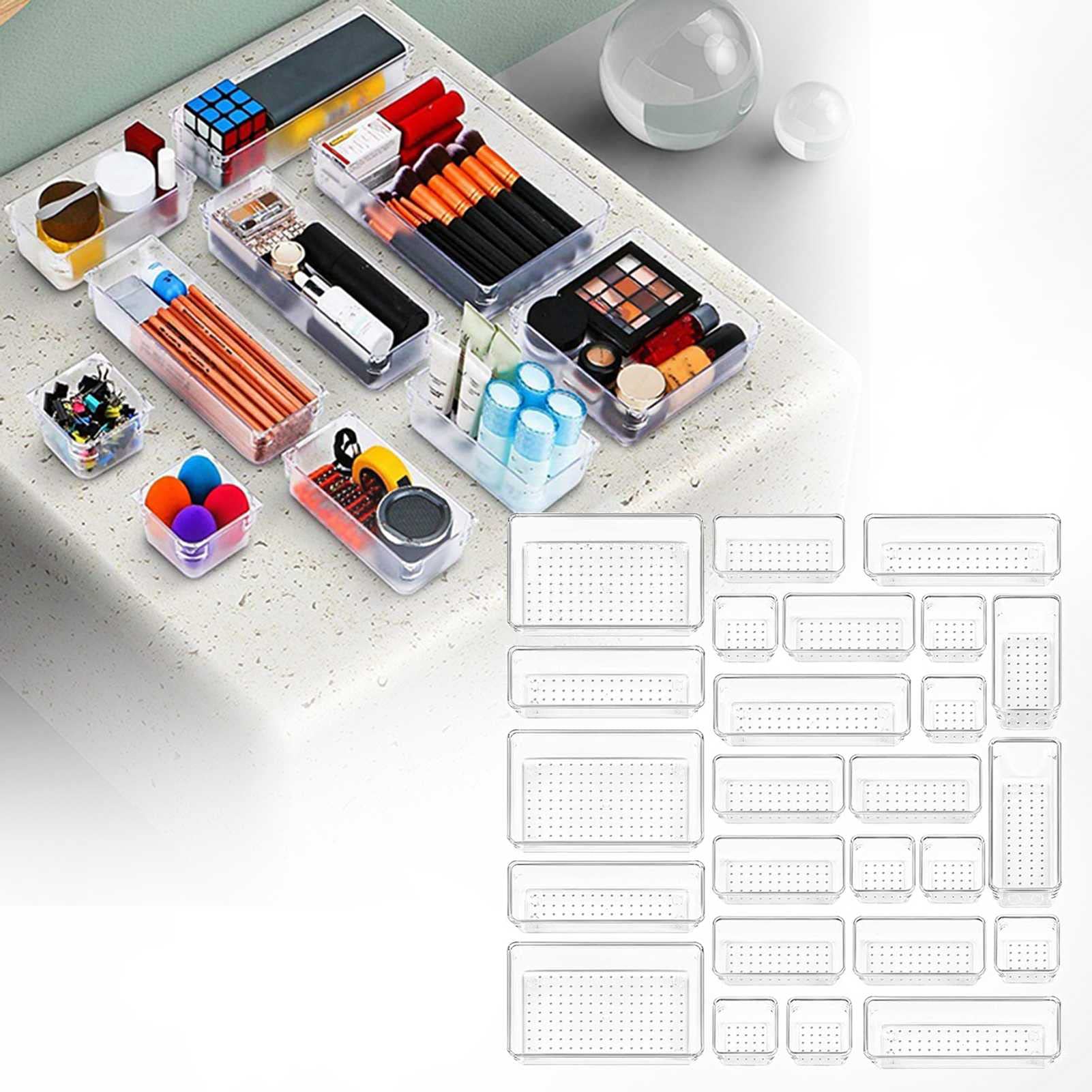 Set di organizzatori di cassetti in plastica Trasparente da 28 Pezzi, vassoi da Bagno Versatili e vanità 4-Misura, for Trucco, Gioielli, Utensili da Cucina e Ufficio
