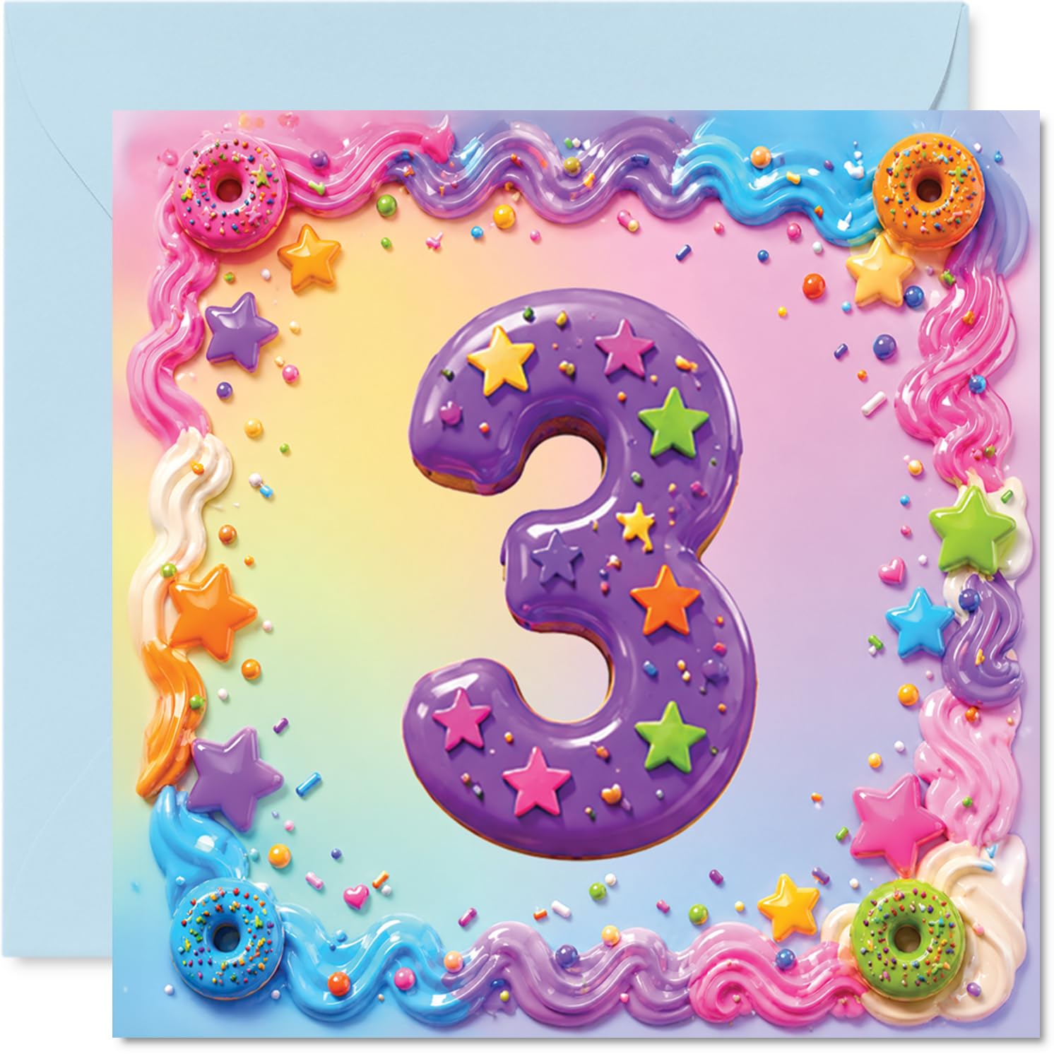Playful 3rd Birthday Card - Sprinkle-covered Fun for Little Birthdays - Purple Number 3 with Doughnuts, Stars and Pastel Confetti - 145mm Square, Envelope Included