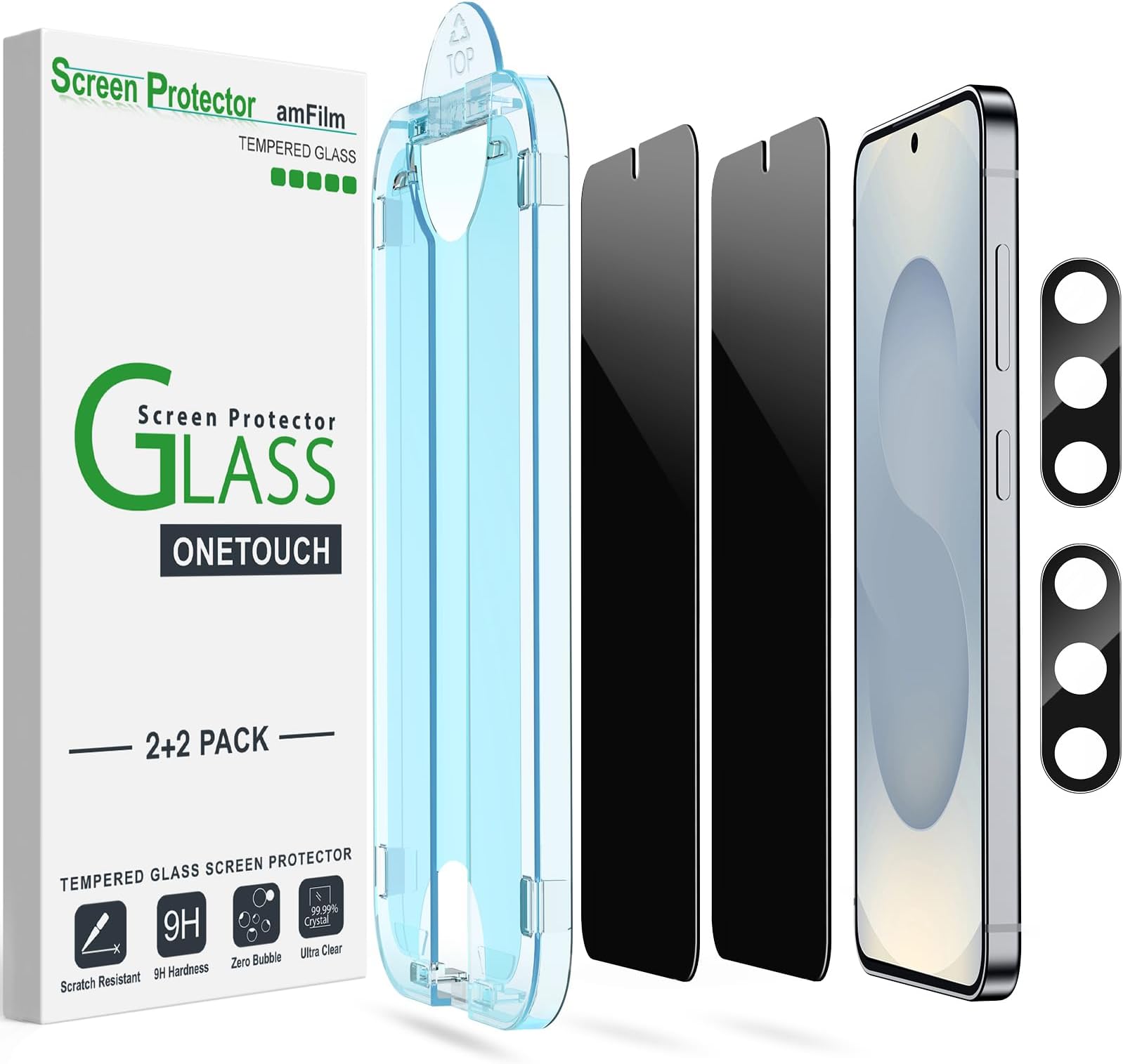 amFilm Auto-Alignment OneTouch for Samsung Galaxy S25+/S25 Plus 6.7" Privacy Screen Protector + Camera Lens Protector, Tempered Glass, 30 seconds Installation, Bubble Free, Privacy Protection 2+2 Pack