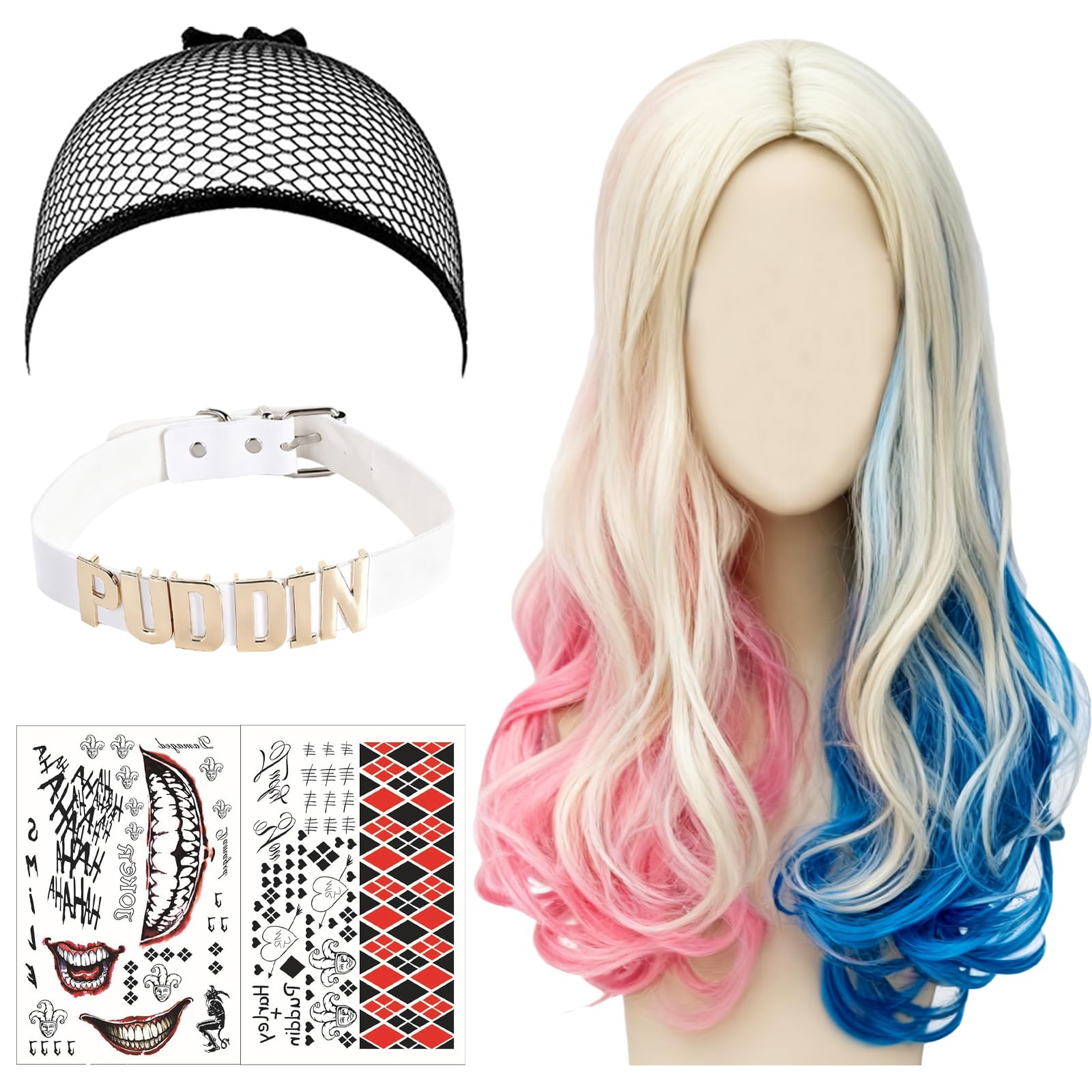 YOUYIKE Quinn Perücke Damen Cosplay, Lang Wellig Locken Perücke mit Haarnetz Lederhalsband Aufkleber, Blau/Pink Doppelter Schwanz Wig für Karneval Fasching Halloween Party Cosplay