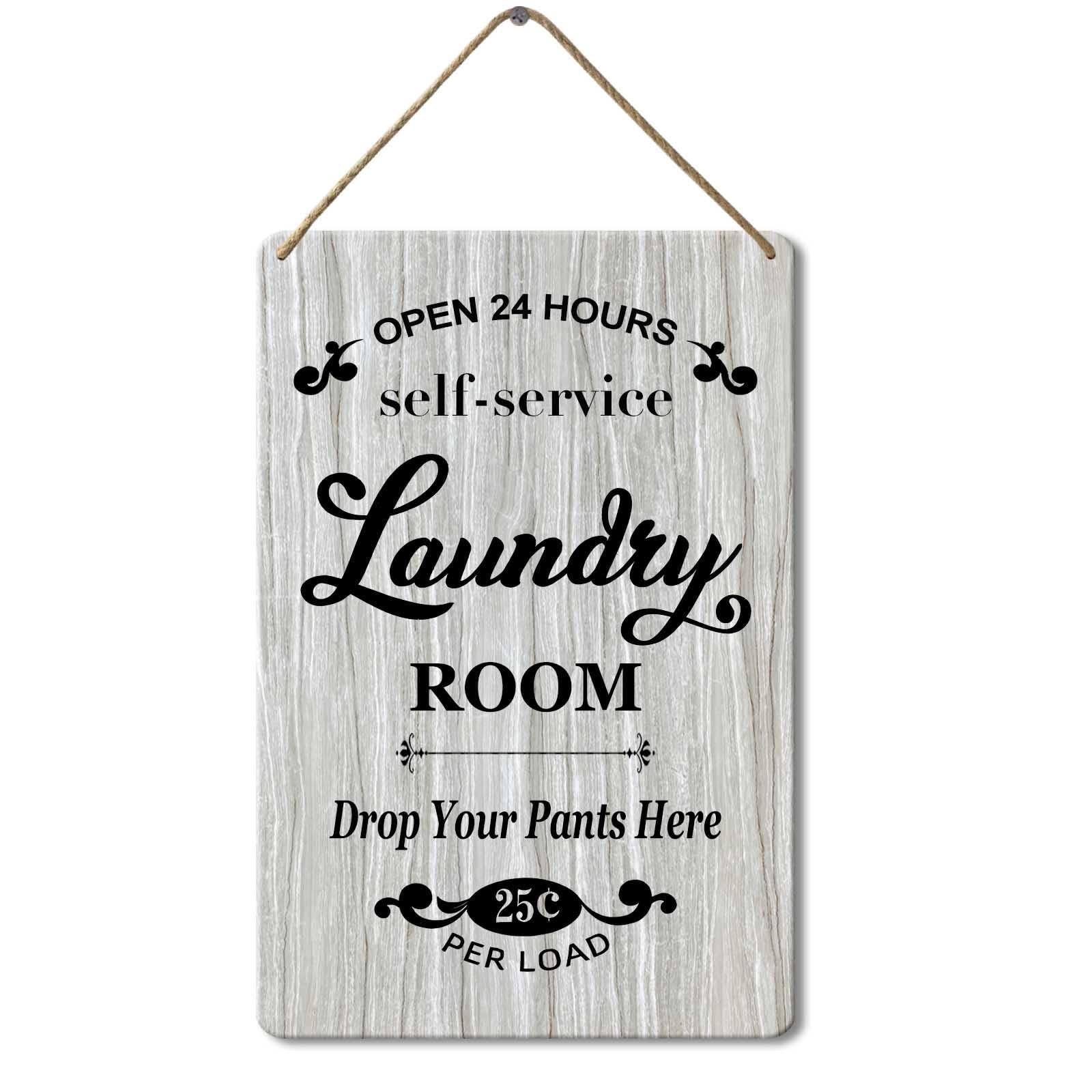 Wooden Sign Self Service Open 24 Hours Laundry Room, 8x12 Inch, Laundry Sign for Laundry Room, Bathroom, and Home