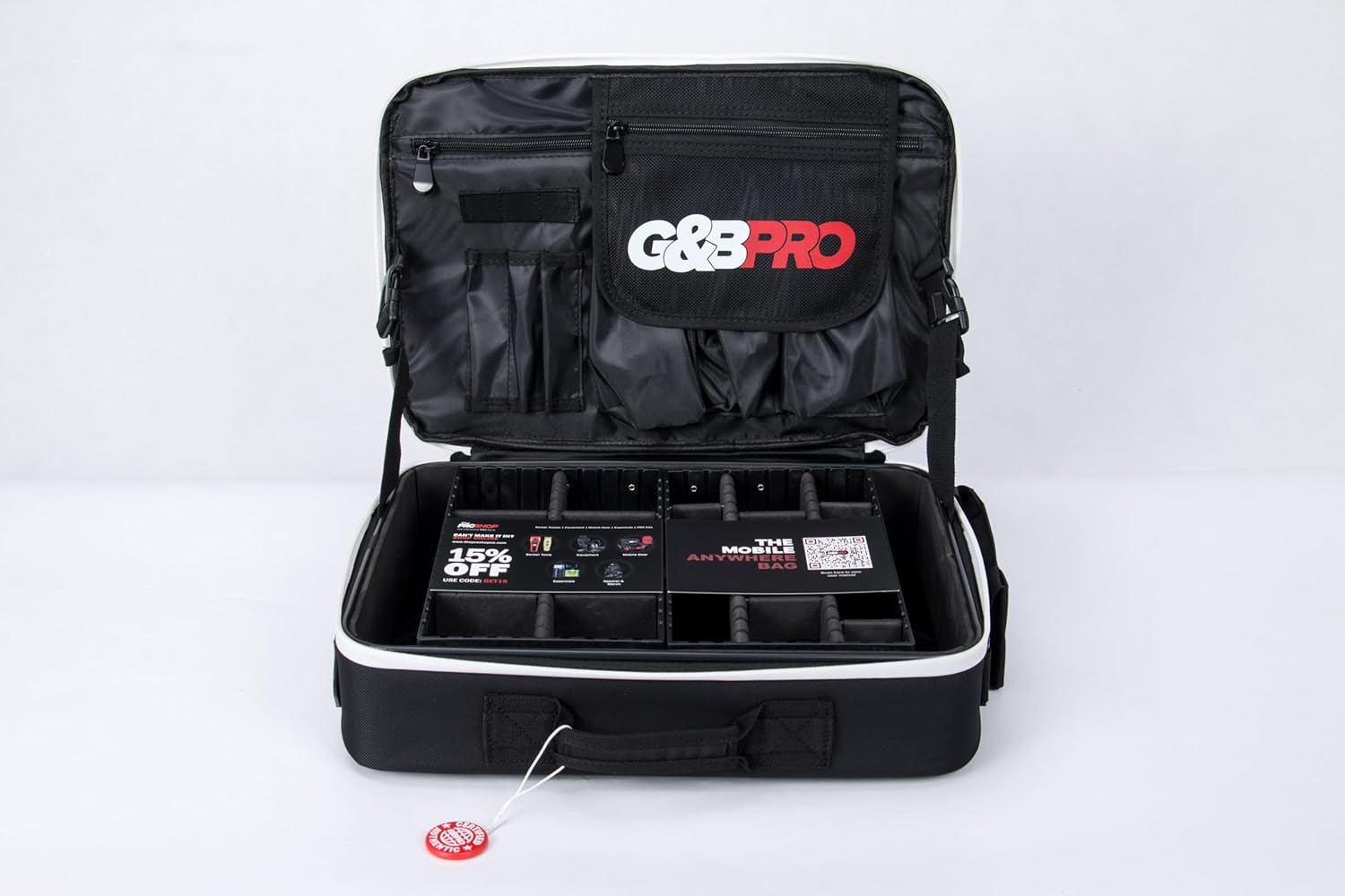 G&BPRO Crossbody Briefcase with Extending Tray System | All-in-one Mobile Workstation Travel Bag (Black With White Zipper)