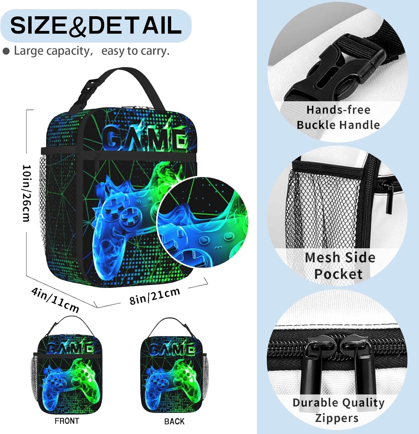 Lunch Box for Boys, Game Kids Lunch Bag for Boys Girls, Insulated Portable Video Game Lunchbox Waterproof Leakproof For Kids Teens Picnic School Work - Image 2