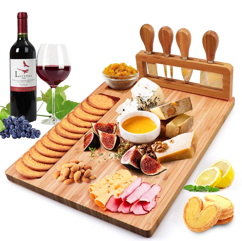 Aoibox Bamboo Cheese Board Set 14.17"*11"*0.8", Charcuterie Platter and Serving Meat Board Including 4 Stainless Steel Knife, Cheese Tray, Yankee Swap Gifts