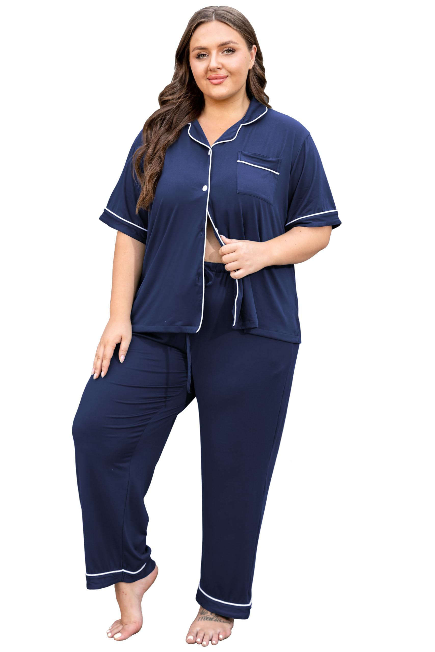 Vozanet Women's Plus Size Pajamas Button Down Shirt and Pants Soft Lounge Sets Bride Nighty Bottom with Pockets 1x to 5x