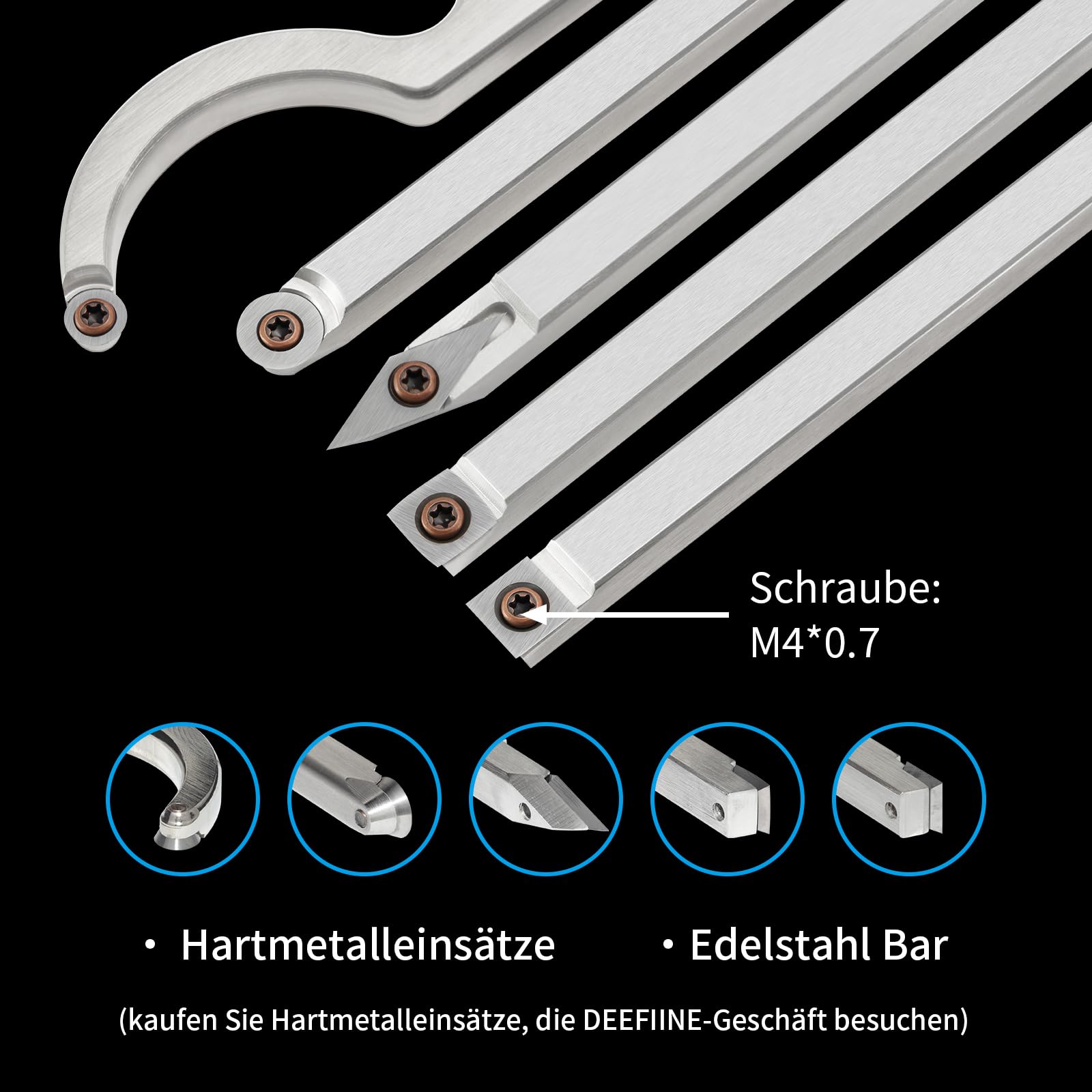 Drechseleisen Set mit Hartmetall-Schneidplatten, verstellbare Drechselmesser Mit Schüsselschleifer,Drechselwerkzeug-Satz für Holz(8Stück) | Inklusive Rougher und Finisher, Schwanenhals-Aushöhlwerkzeuge zum Drechseln, austauschbarem Schaumstoffgriff und Al