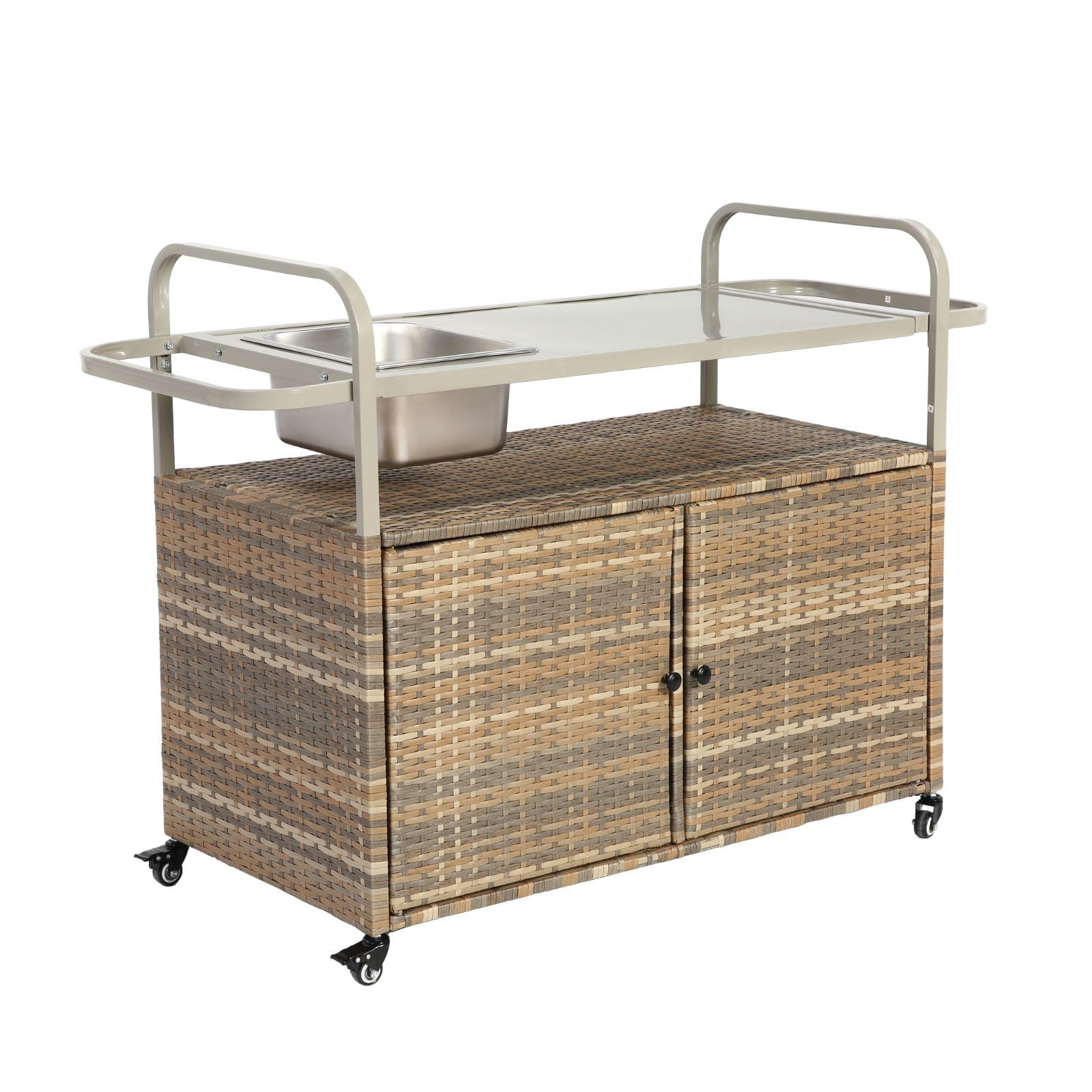 Mesa de Bar para Exteriores, Carrito de Bar de Mimbre con Armario, Carrito de Servicio para Patio con Superficie de Acero, con una cubitera, Ruedas con Bloqueo, Color Beige