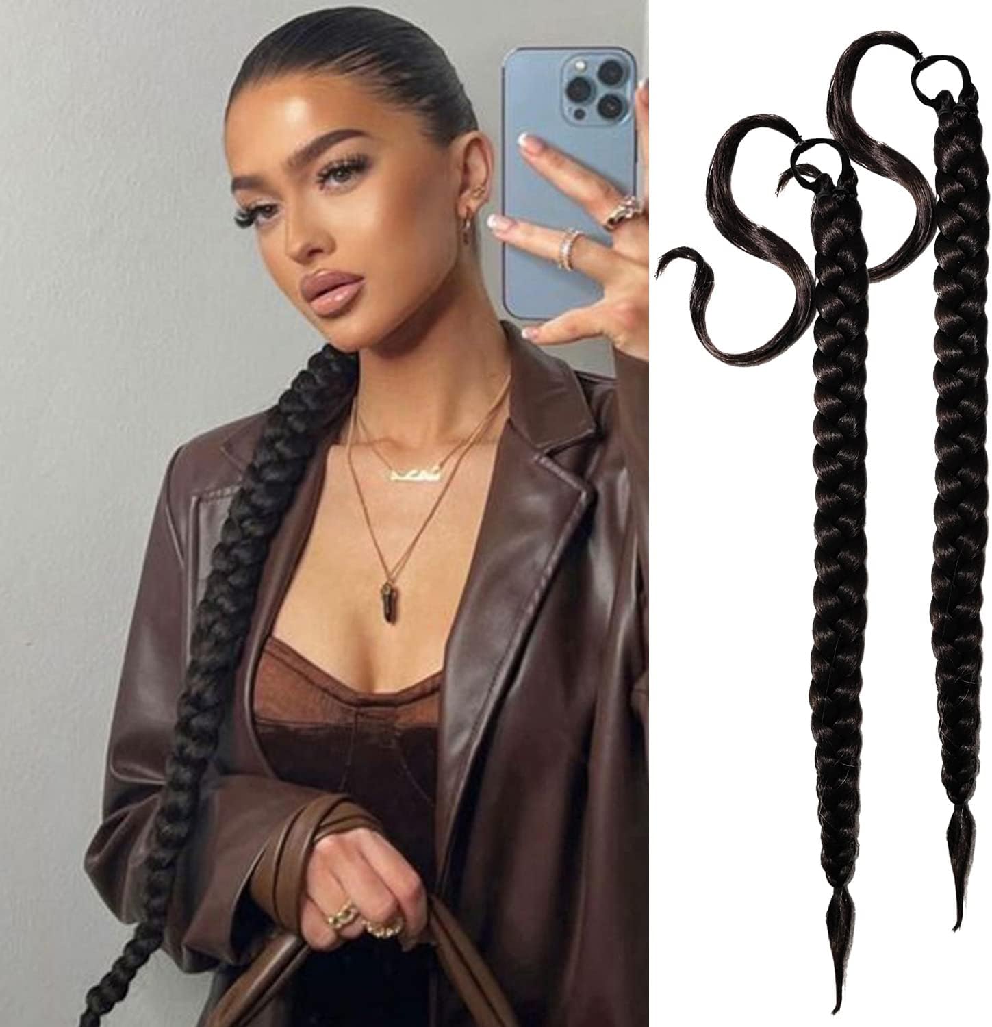 2 Packs Black Long Braided Ponytail Extension For Black Women Soft Synthetic Hair Piece For Women with Hair Tie Straight Wrap Around Ponytail Braided Hair Extensions pre Stretched 30 Inch