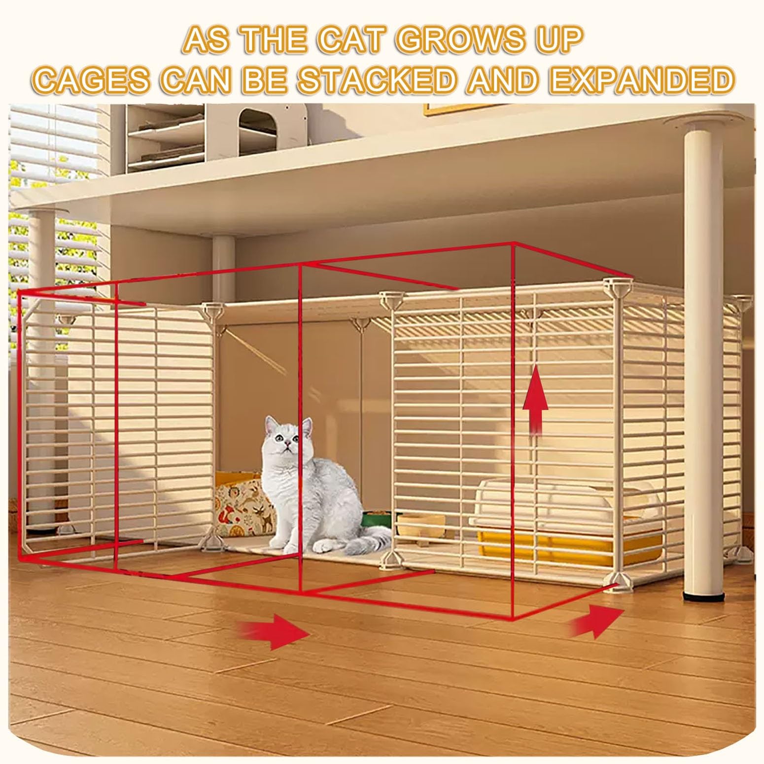 Cage pour Chats Intérieurs avec Bac à Litière, Enclos Chat Balcon Grille de Raffinement DIY, 111x39x37cm