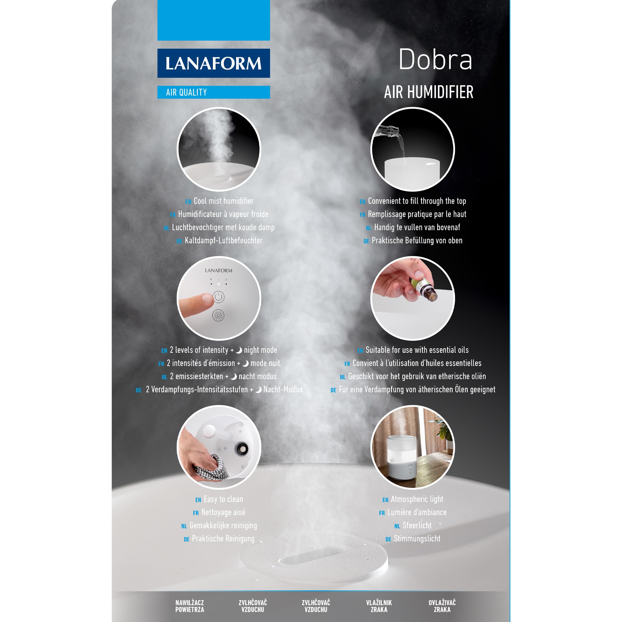 Humidificateur d'air -Diffuseur huiles essentielles -Lumière led -Mode nuit
