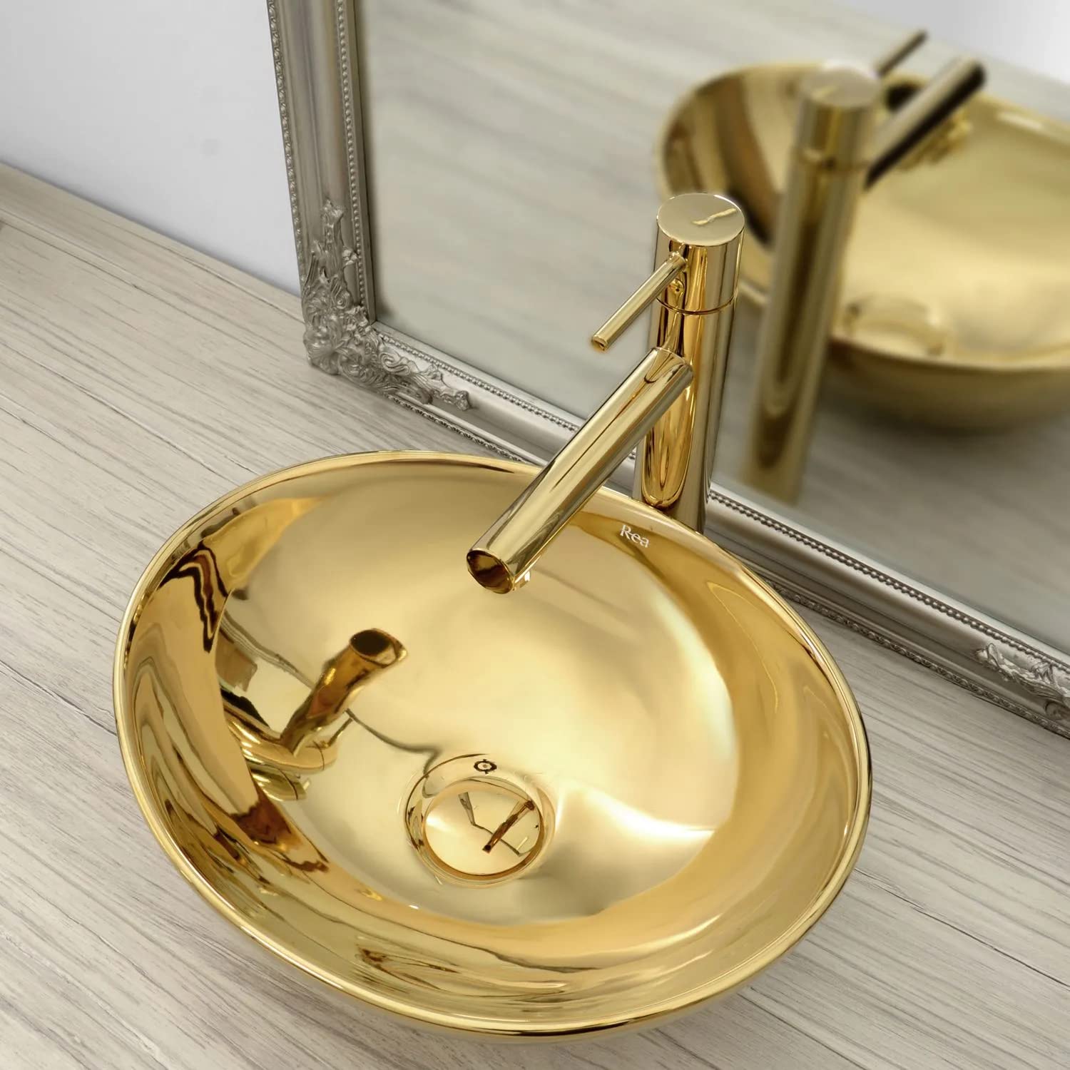 VBChome Waschbecken Gold + Armatur 41 x 35 x 15 cm Kleine Keramik Oval Waschtisch Handwaschbecken Aufsatzwaschbecken Waschschale Gäste WC
