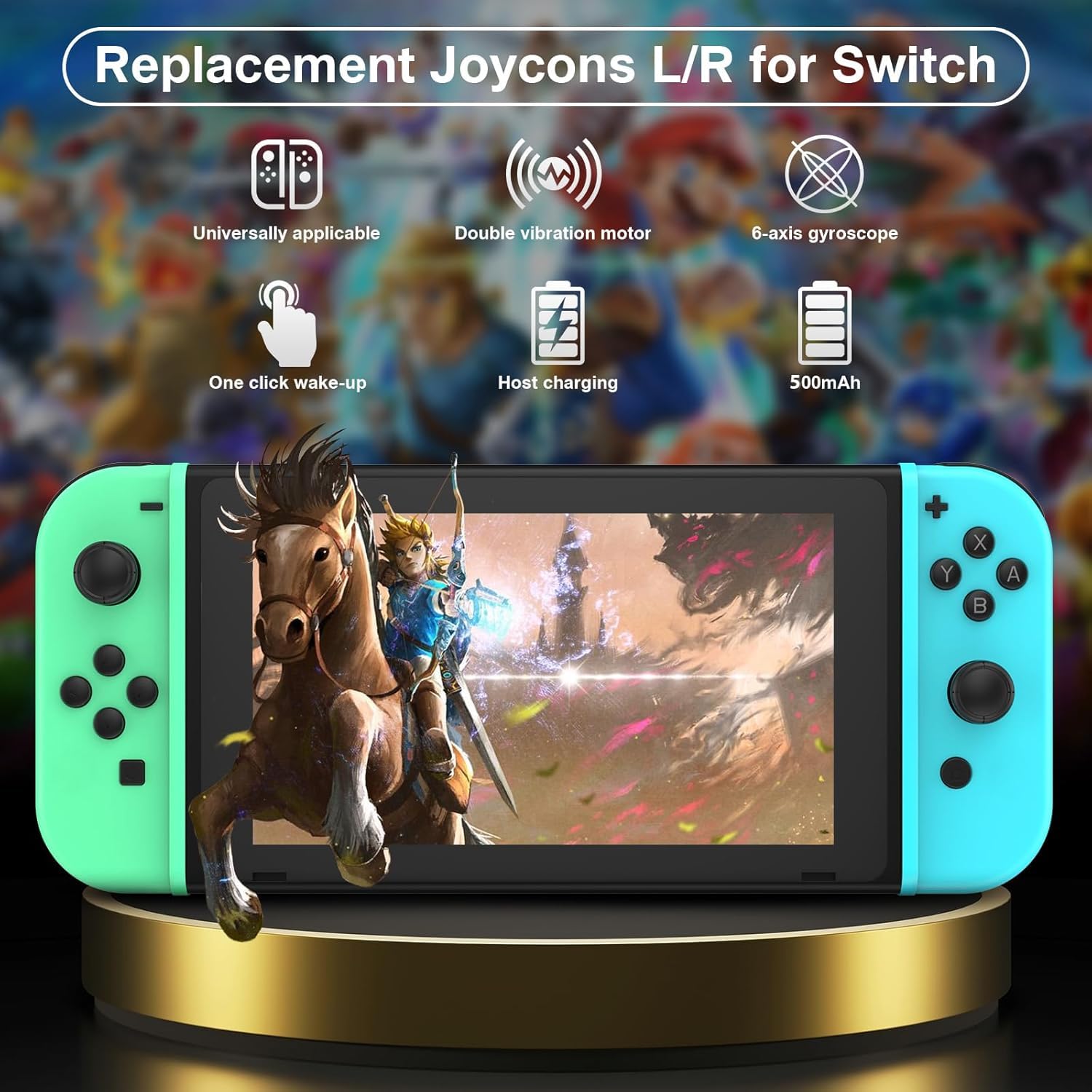 Mhwlhbx Manette Switch L/R Travailler avec la console de Switch/Lite/OLED, Manette sans fil prend en charge la double vibration, le gyro à 6 axes, le réveil -Green Blue [nintendo_switch]