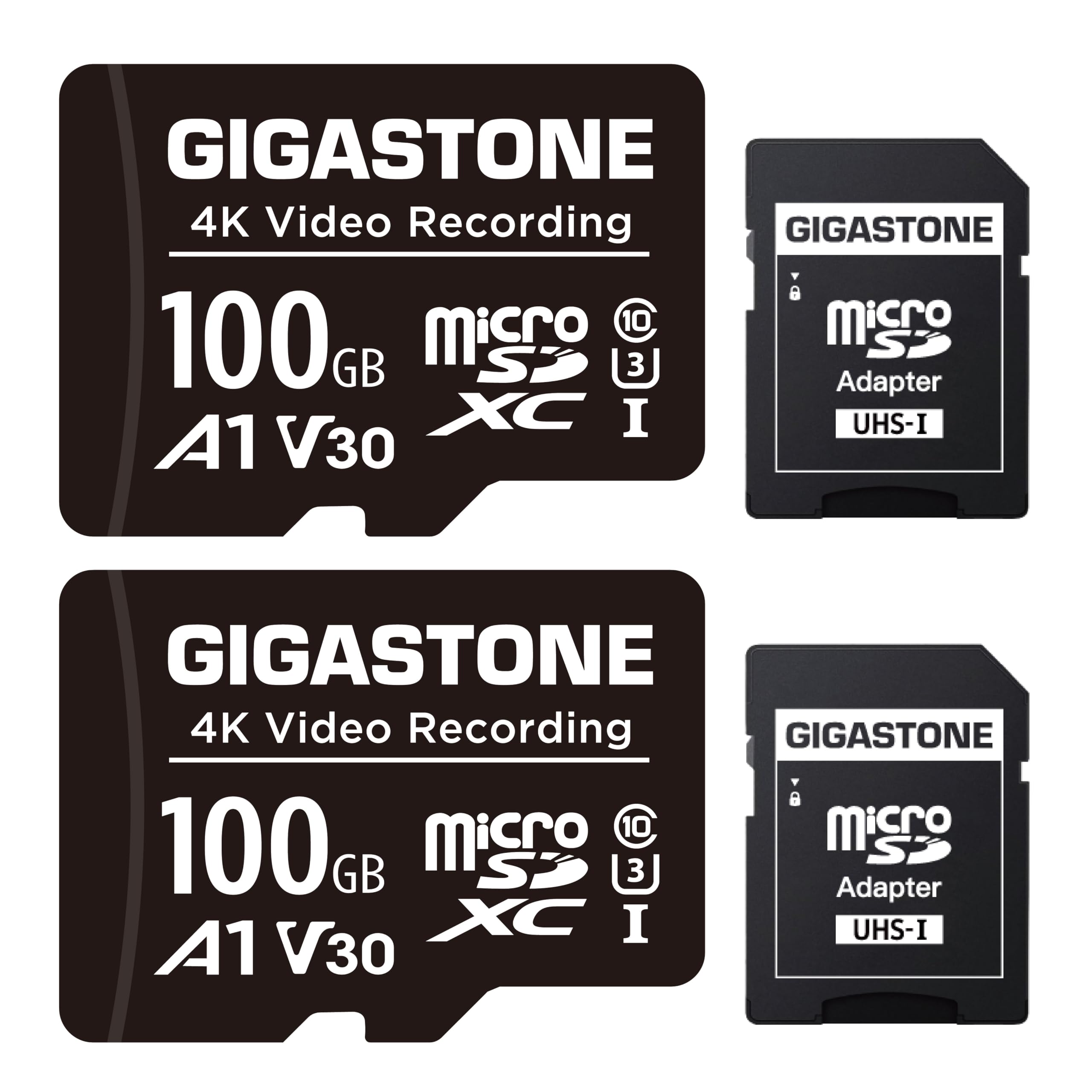 GIGASTONE Karta micro SD 100 GB, 2 sztuki, nagrywanie wideo A1 V30 4K, kompatybilna z kamerą bezpieczeństwa, kamerą samochodową, dronem, kartą pamięci MicroSDXC 100 MB/s UHS-I, z adapterem