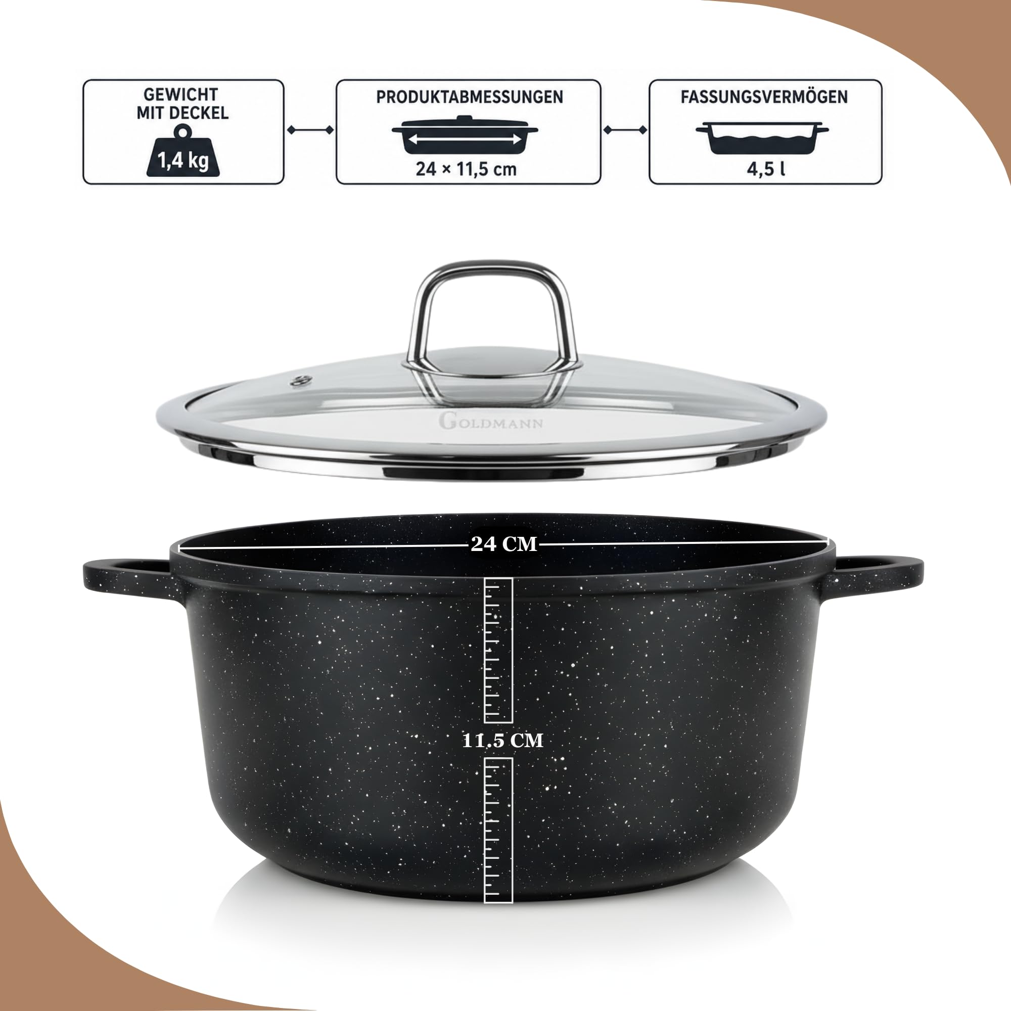 GOLDMANN Kochtopf aus Aluminiumguss, 24 cm - 4.5 L, antihaftbeschichtete Keramik-Marmor-Optik, Glasdeckel, induktions- und für alle Herdarten geeignet, ofenfest und PFOA-frei