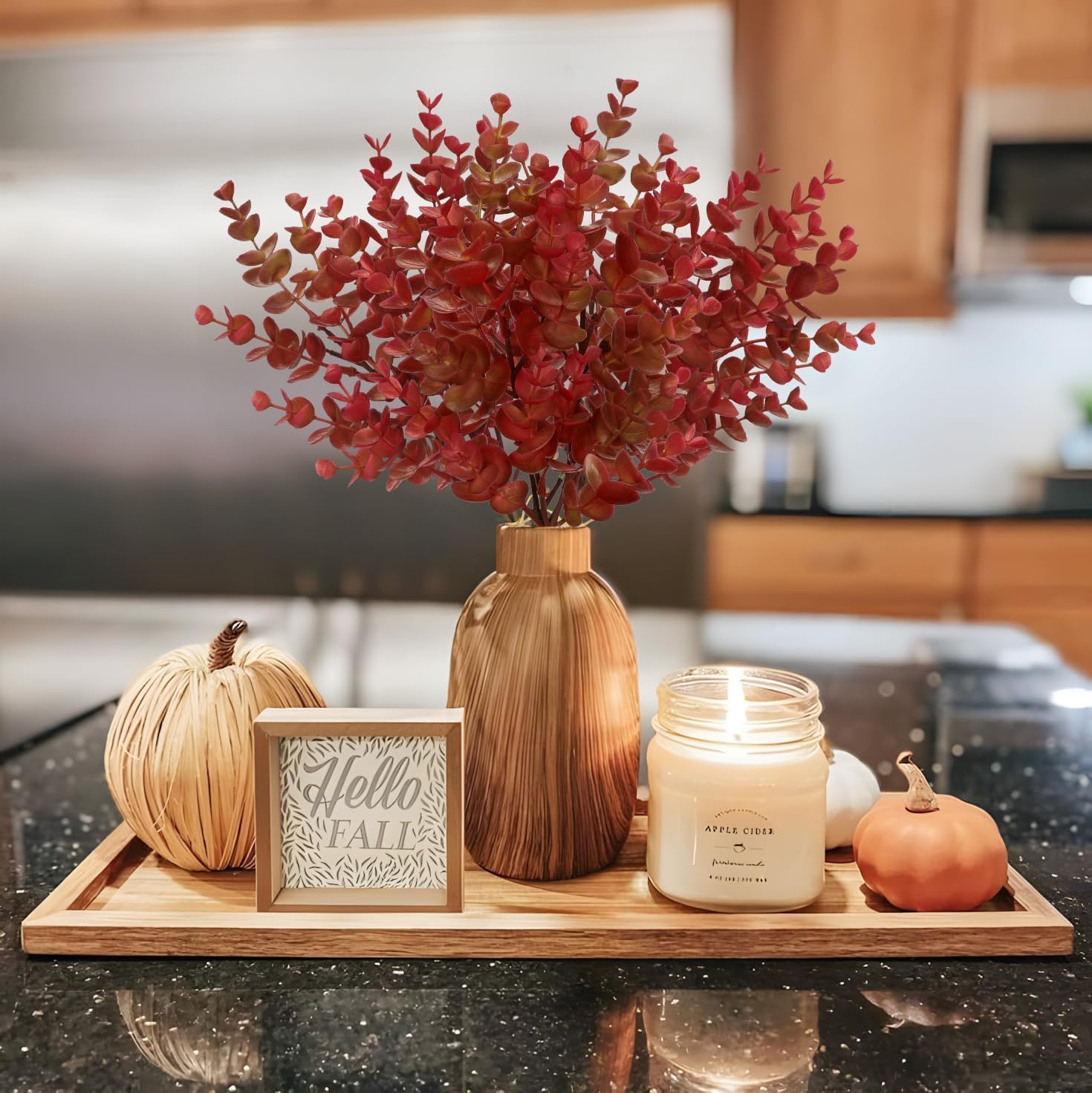 5 Stems Artificial Fall Greenery – 14.6" Eucalyptus Leaf Stems for Autumn Floral Arrangements, Thanksgiving Centerpieces, Fall Decor Bouquets, Burgundy Red - Image 4