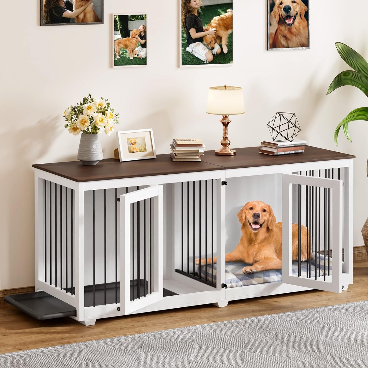 MOOLIVE Large Dog Crate Furniture, 70.9" Wooden Dog Crate