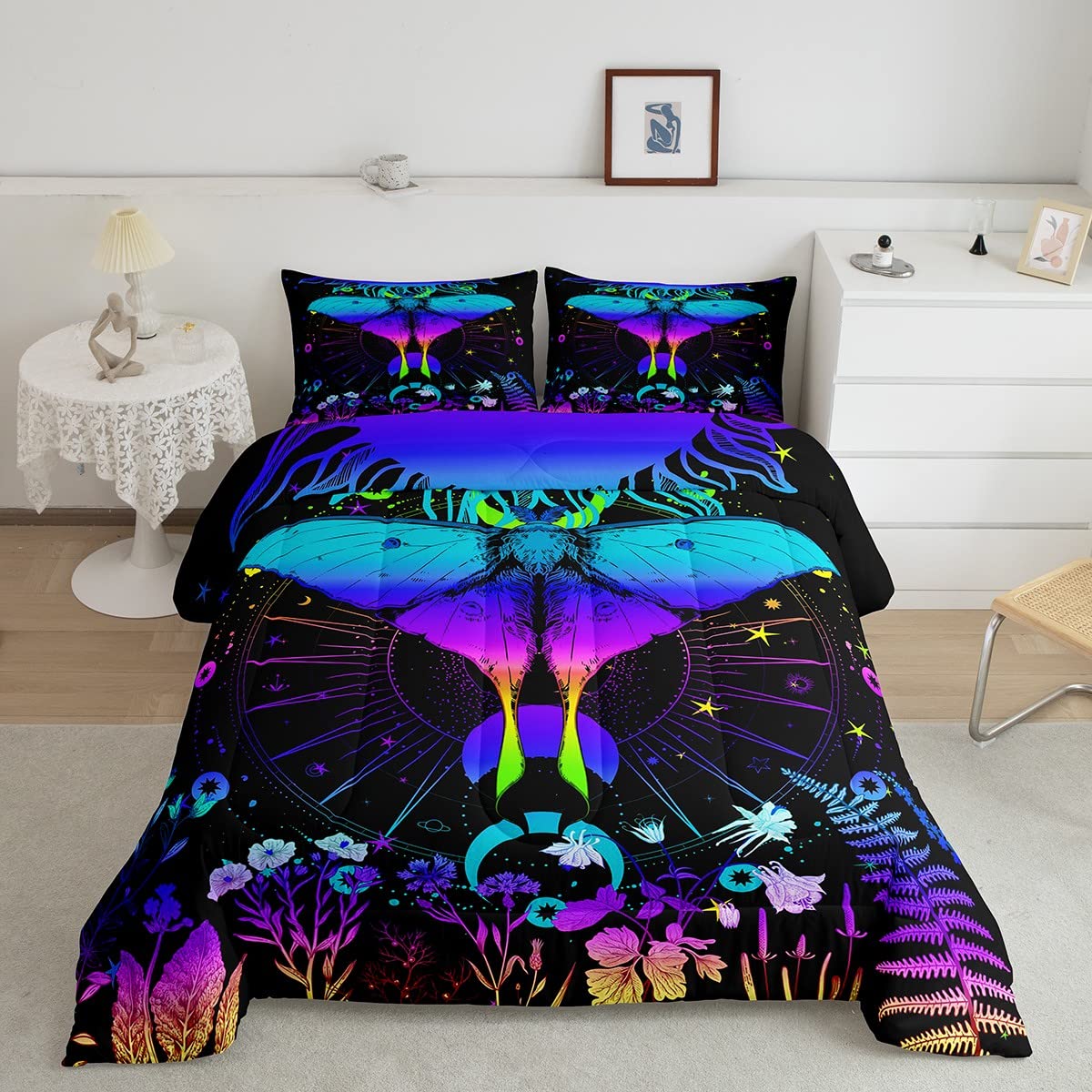 Erosebridal Moth Comforter Set Hippie Psychedelic Sun and Moon Bedding Set Twin,Purple Blue Ombre Galaxy Floral Botanical Comforter for Girls Teens Women Stars Planet Quilt Duvet 1 Pillowcase