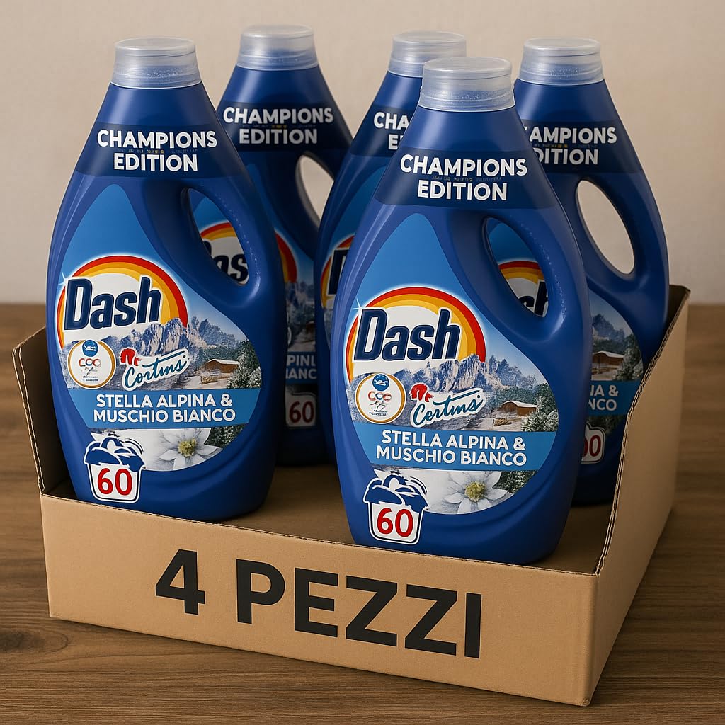 Detersivo Liquido Lavatrice 4x60 Lavaggi – Champions Edition – Fragranza Stella Alpina e Muschio Bianco – Pulizia Profonda, Freschezza Intensa e Colori Brillanti anche a Basse Temperature