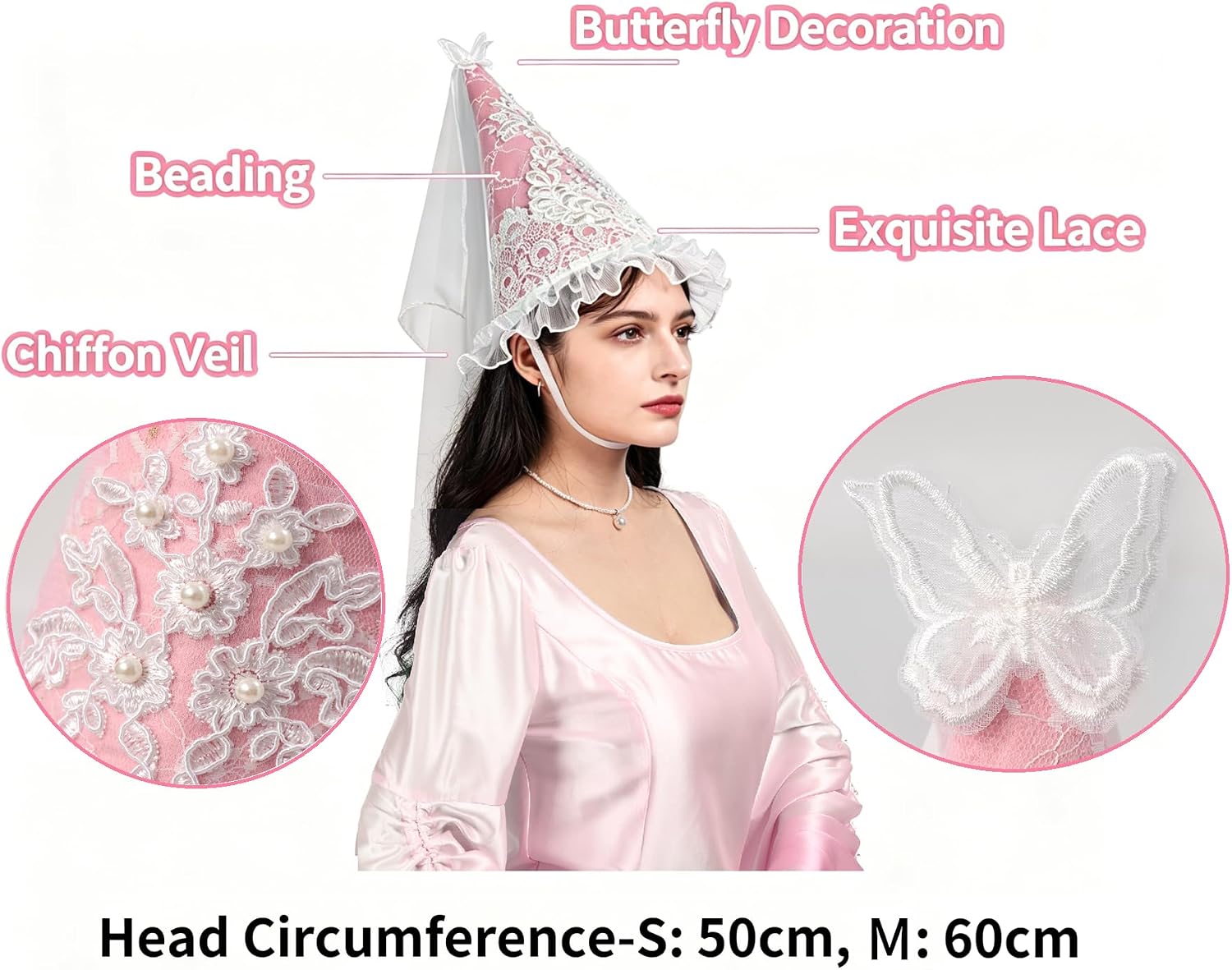 Medieval Princess Hennin Hat with Veil, Women's Renaissance Cone-Shaped Lace Headdress