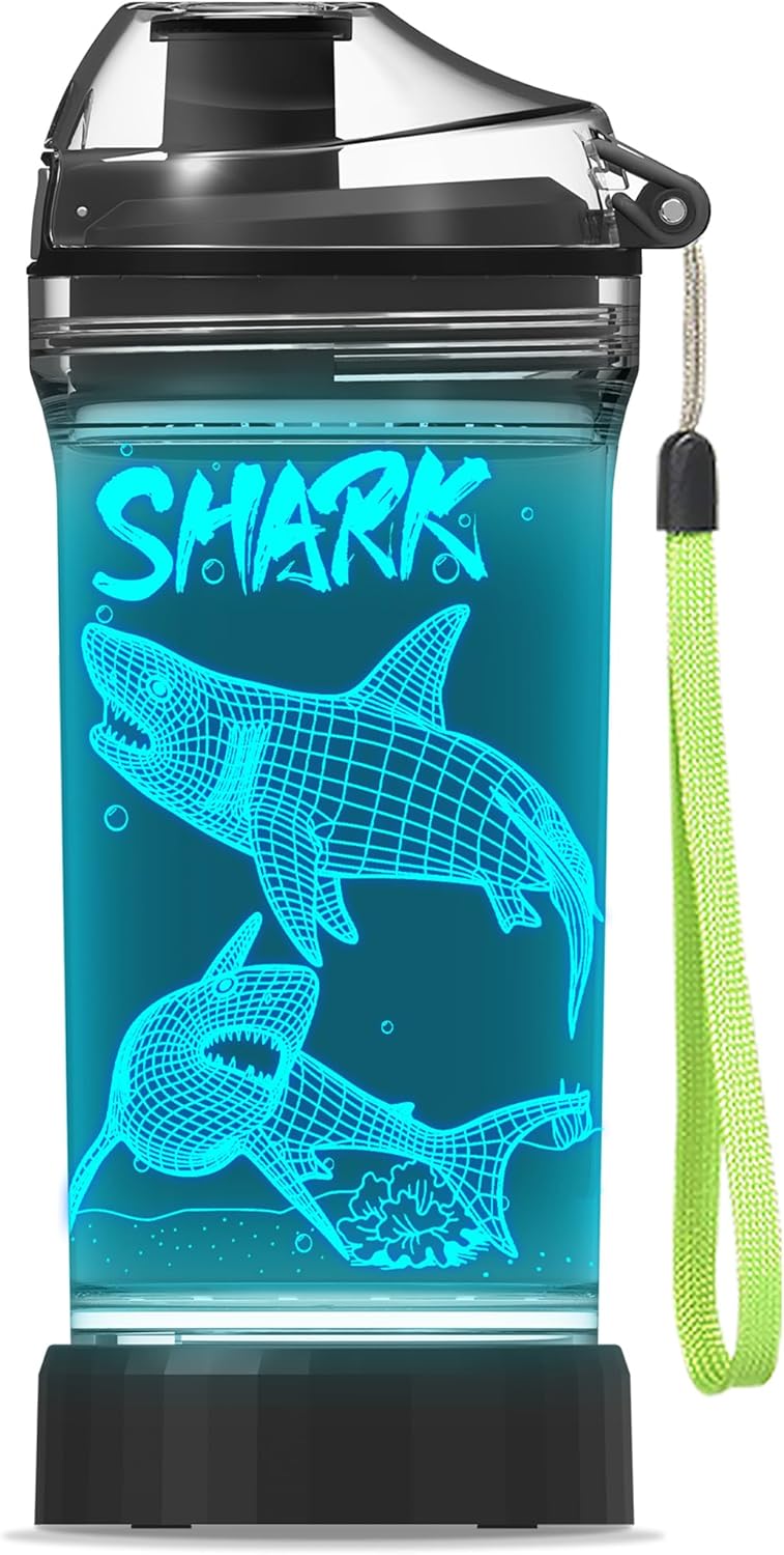 YuanDian Shark Gifts, Light Up Kids Water Bottle with 3D Ocean Animal Shark Design- 14 OZ Tritan BPA Free – Cool Drinking Cups Gift for School Kids Baby Boy Girl Child Christmas Holiday