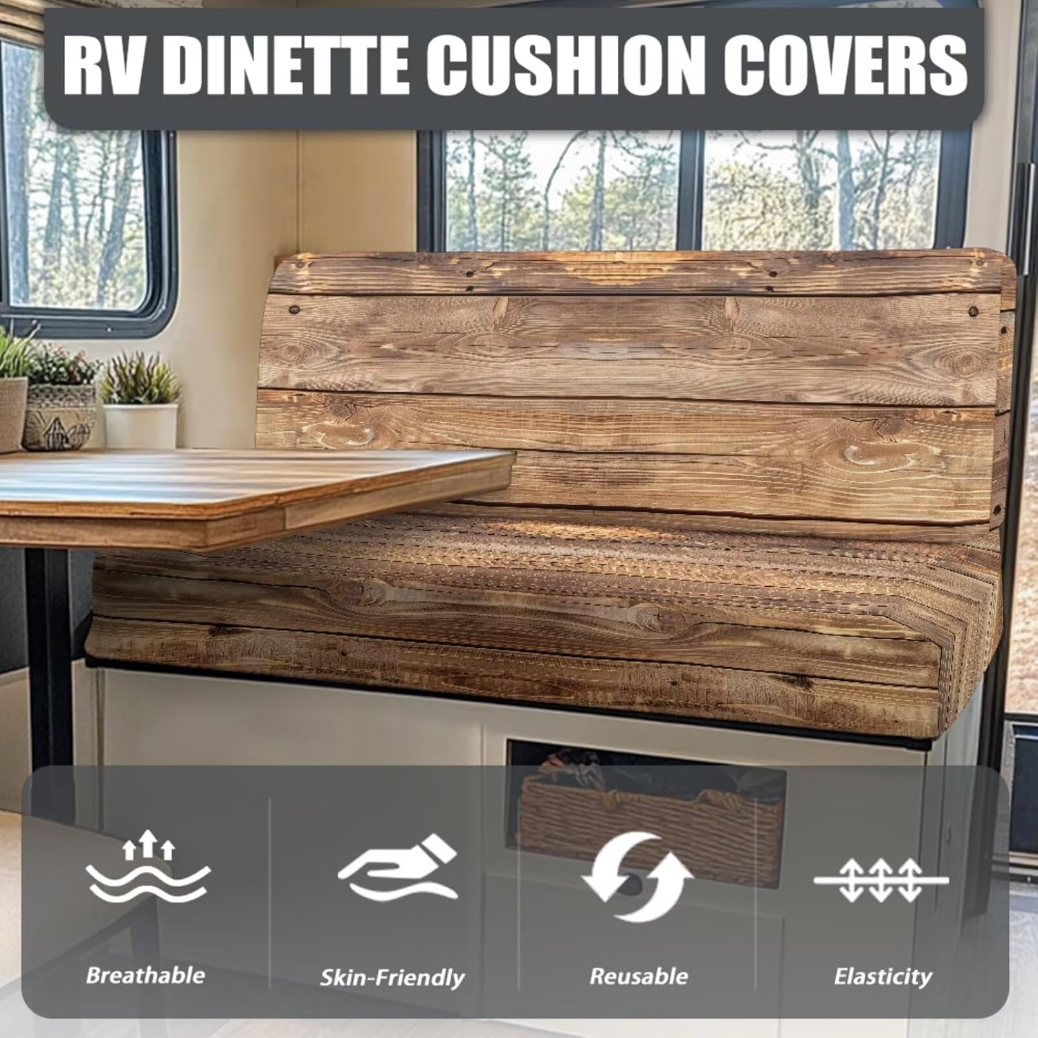Rustic Wood Grain Plank Print 6 Pcs Stretch Washable RV Dinette Slipcovers Replacement Cushion Covers for Camper Car Bench, 2 Pillowcases, 2 Backrest and 2 Bench Cover Set