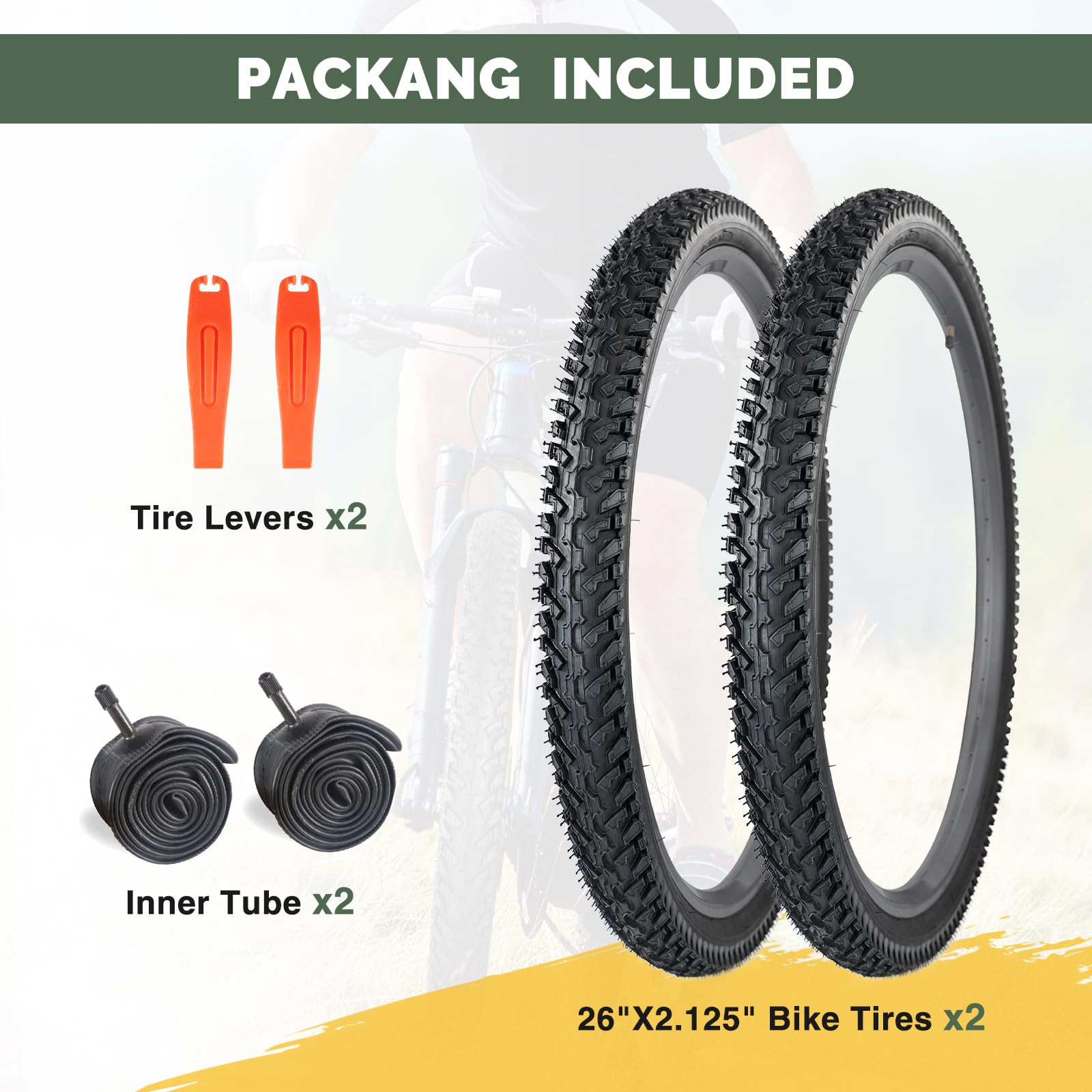 WEEROCK 2-pak opon rowerowych 26", 26 x 2,125 cala z dętką, składane opony rowerowe do rowerów MTB/miejskich/cruiser